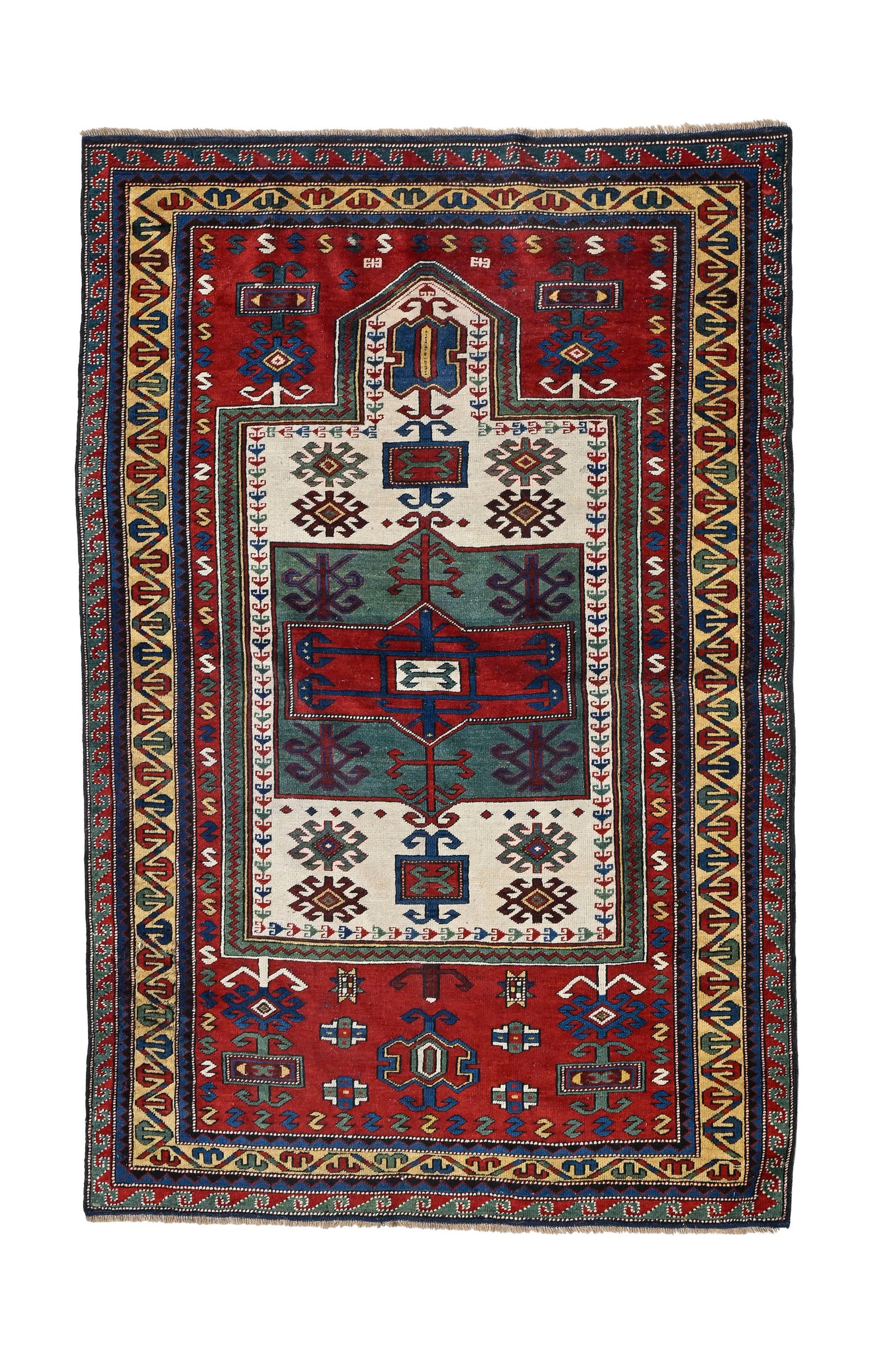 Tapis de prière Kazakh Fachralo, Caucase, 1ère moitié du XXe s., à mihrab vert e (1 of 1)