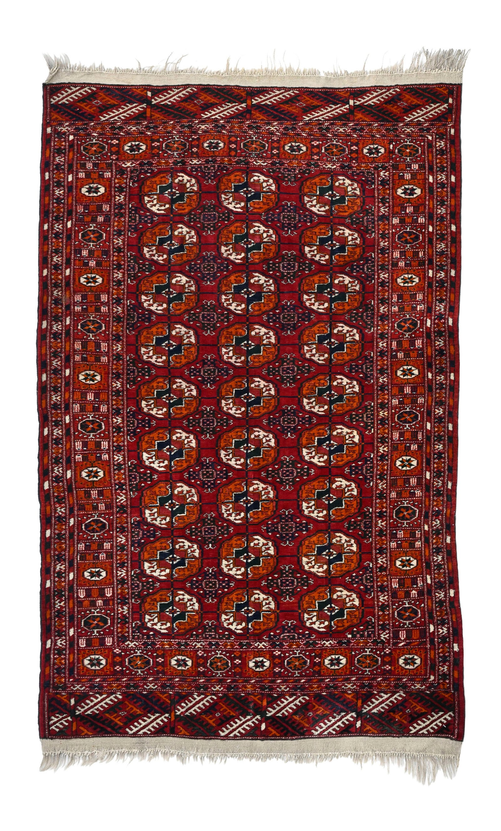 Tapis Tekke-Boukhara, Turkménistan, milieu du XXe s., à trois rangées de güls su: Tapis Tekke-Boukhara, Turkménistan, milieu du XXe s., à trois rangées de güls sur fond rouge, 100x150 cm