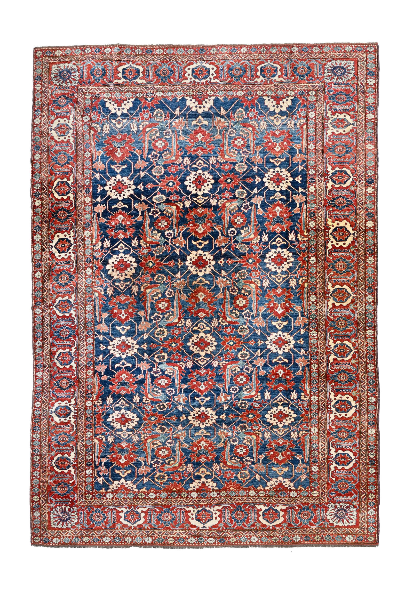 Tapis, Pakistan, début XXIe s., à semis de fleurs et de feuilles stylisées polychrome: Tapis, Pakistan, début XXIe s., à semis de fleurs et de feuilles stylisées polychromes sur fond bleu, bordure fleurie rouge, 302x390 cm