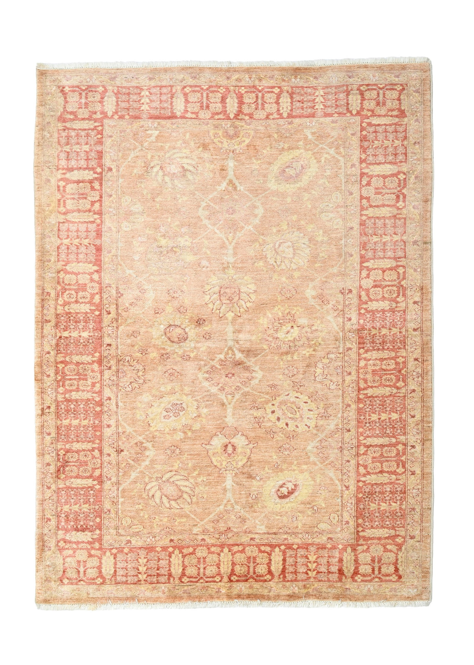 Tapis Pakistan, début XXIe s., à champ central beige parsemé de grandes fleurs polych: Tapis Pakistan, début XXIe s., à champ central beige parsemé de grandes fleurs polychromes, bordure fleurie rouge, 176x215 cm Condition Couleurs insolées