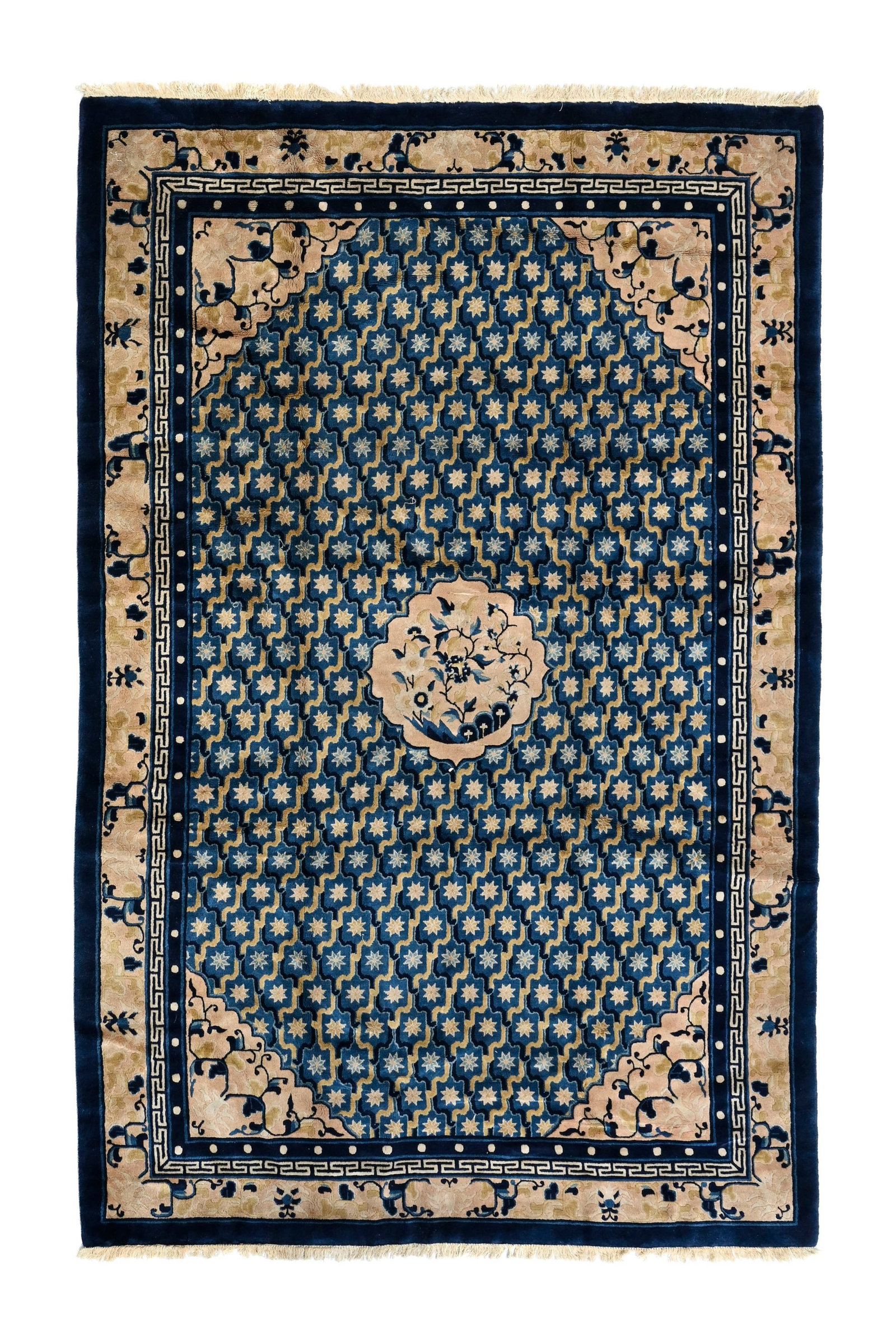 Tapis NingXia, Chine, milieu du XXe s., à médaillon central beige fleuri sur fond bleu alv (1 of 1)