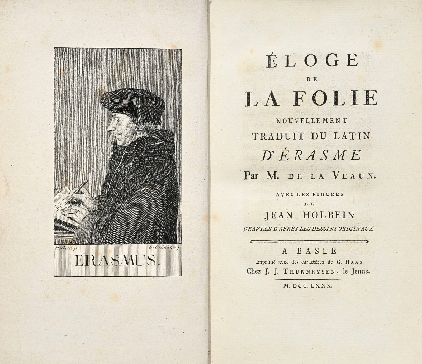 ERASME. Éloge de la folie. Bâle, J. Thurneysen, 1780. In-8° relié plein veau blo: ERASME. Éloge de la folie. Bâle, J. Thurneysen, 1780. In-8° relié plein veau blond raciné, dos lisse orné et doré, double roulette dorée en encadrement des plat