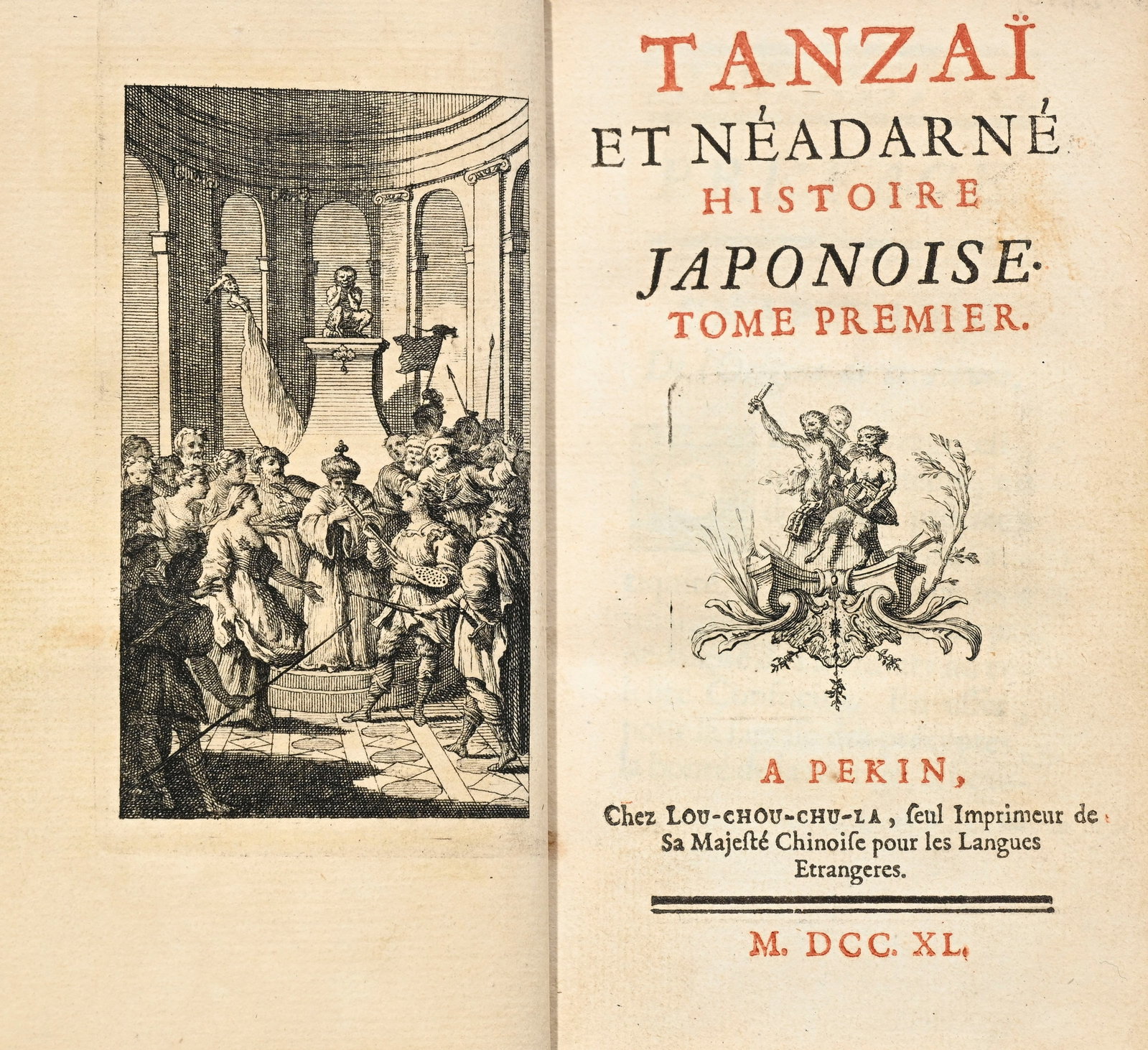 \[EROTICA\]. CREBILLON Fils. Tanzaï et Néandarné. Histoire Japonoise. Pékin \[Pa: [EROTICA]. CREBILLON Fils. Tanzaï et Néandarné. Histoire Japonoise. Pékin [Paris] Chez Lou-chou-chu-la [s.n.], 1740. 2 tomes en 1 vol. in-12 relié plein veau blond, dos