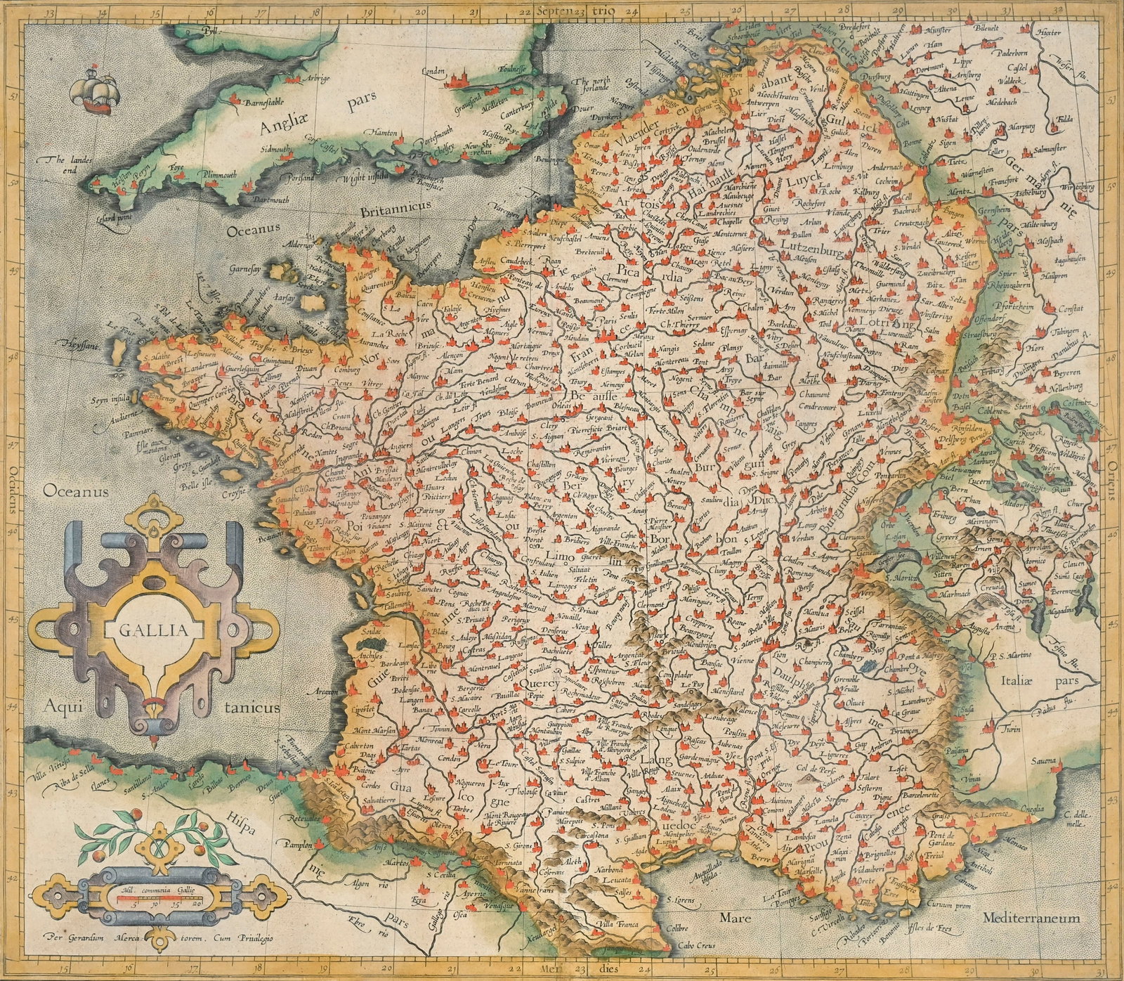 \[FRANCE\]. MERCATOR. Gallia. Tirage ancien. Carte gravée rehaussée à l'aquarelle, 36: [FRANCE]. MERCATOR. Gallia. Tirage ancien. Carte gravée rehaussée à l'aquarelle, 36x40,5 cm Collection de l'Ambassadeur Paul André Ramseyer Condition Feuille oxydée avec qlqs