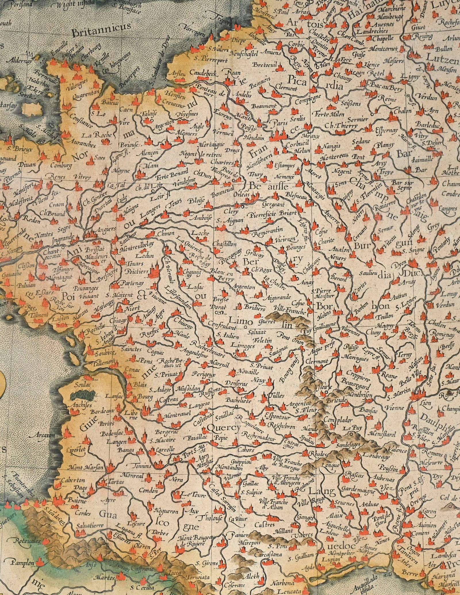 \[FRANCE\]. MERCATOR. Gallia. Tirage ancien. Carte gravée rehaussée à l'aquarelle, 36 - 2