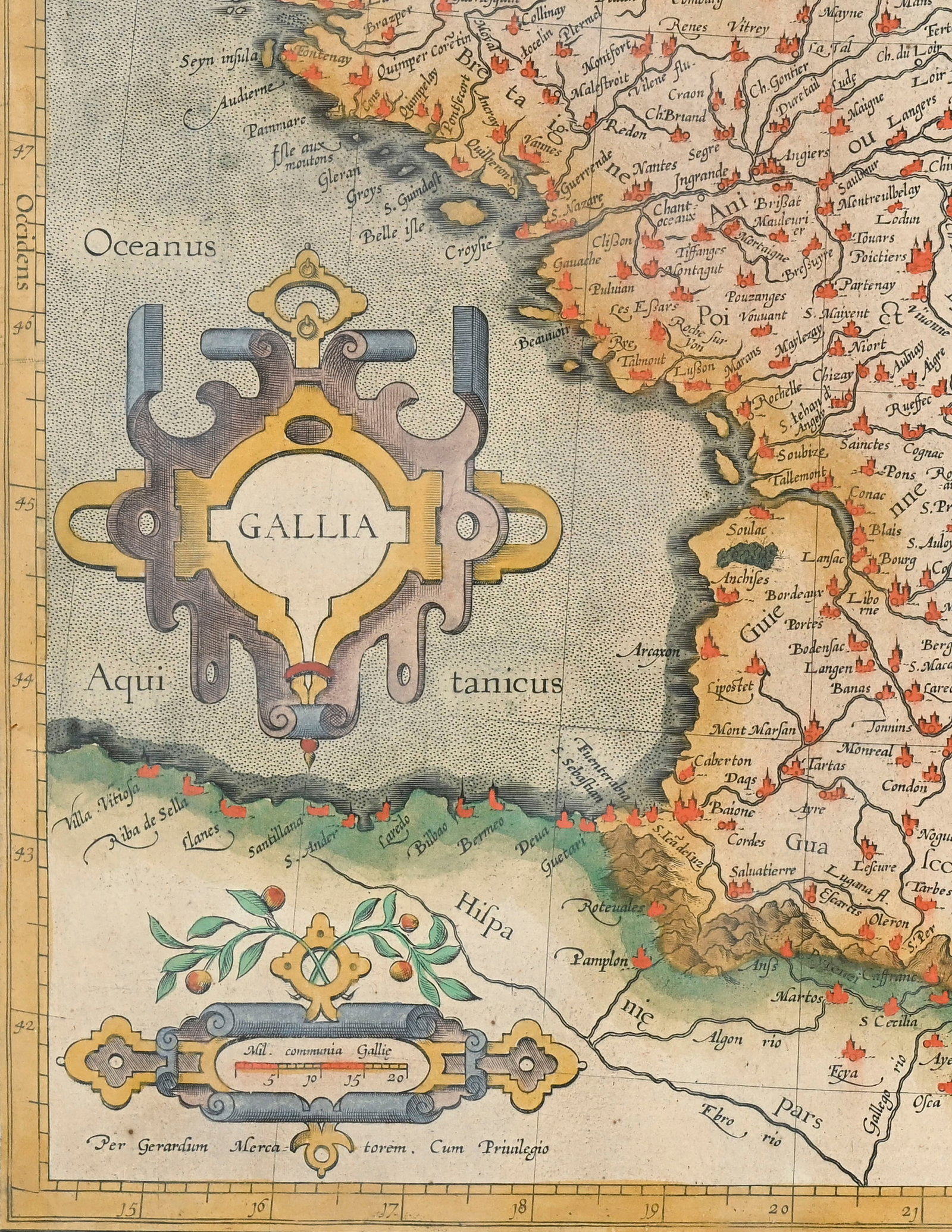 \[FRANCE\]. MERCATOR. Gallia. Tirage ancien. Carte gravée rehaussée à l'aquarelle, 36 - 3