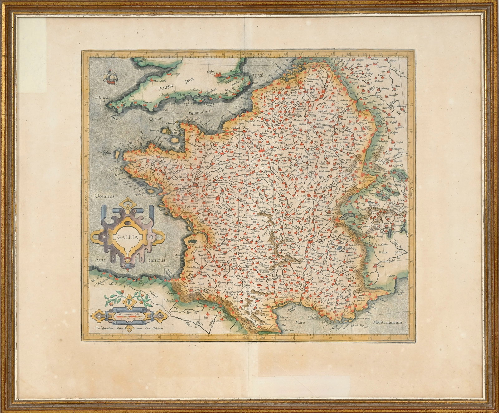 \[FRANCE\]. MERCATOR. Gallia. Tirage ancien. Carte gravée rehaussée à l'aquarelle, 36 - 5