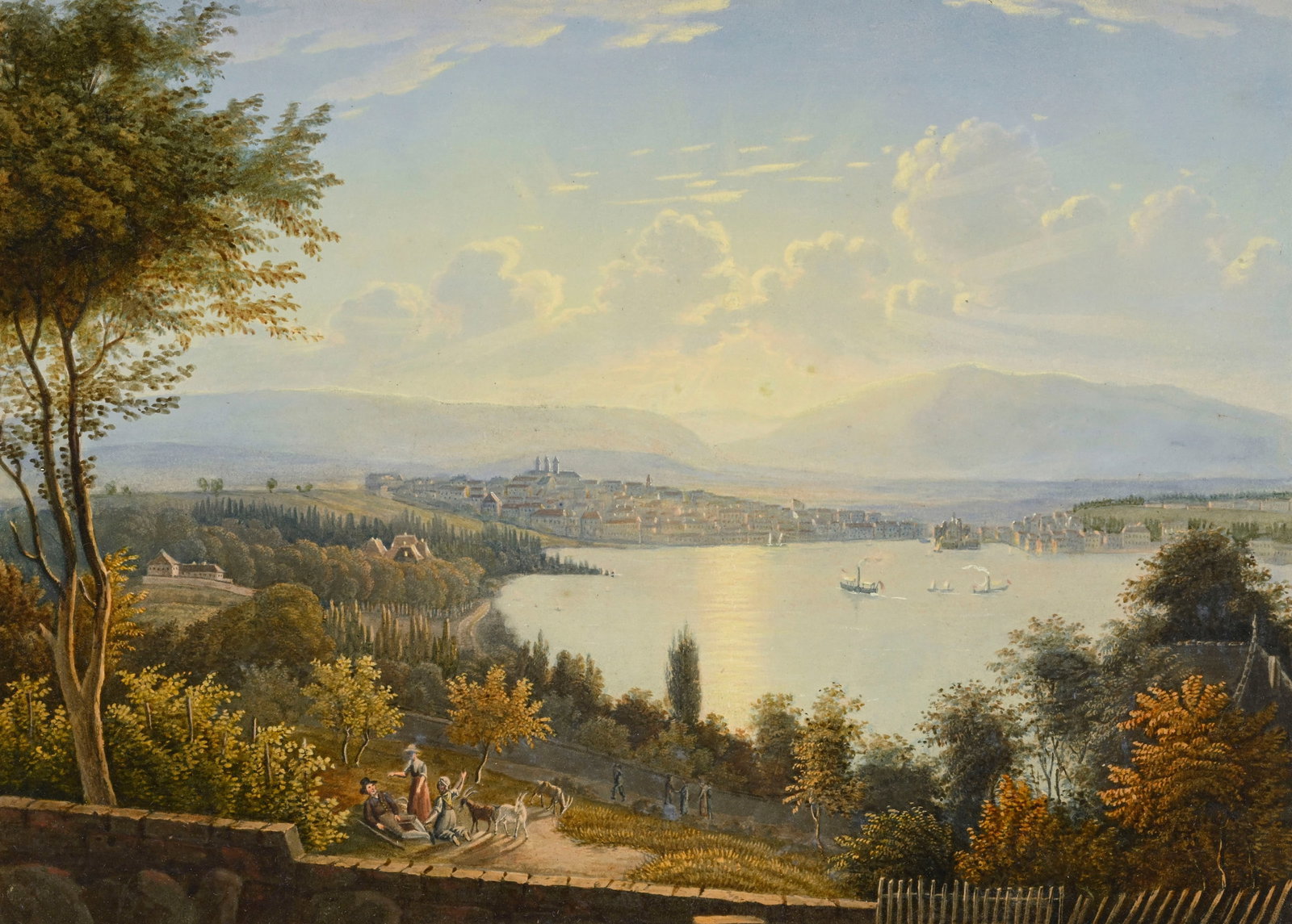 Grundmann (c. 1758-c.1830), "Vue de la ville de Genève, prise à Cologny", aquatinte rehaus (1 of 5)