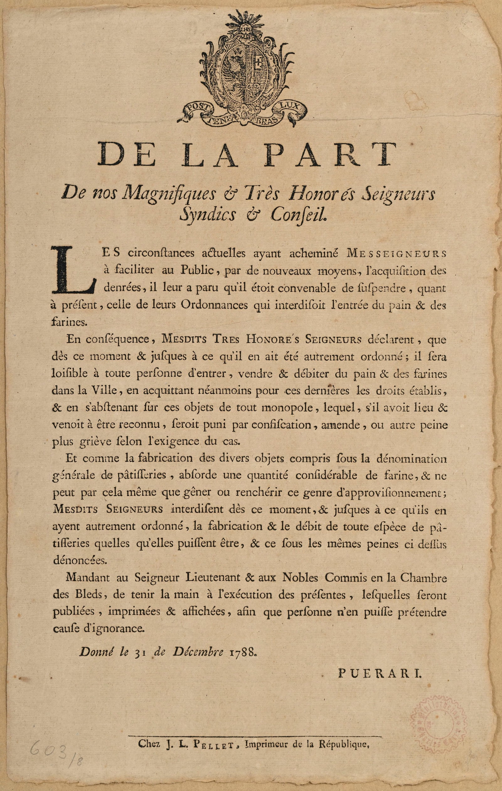 \[HELVETICA\]. De la part de nos Magnifiques & Très Honorés Seigneurs Syndics & Conseil. &: [HELVETICA]. De la part de nos Magnifiques & Très Honorés Seigneurs Syndics & Conseil. Édit daté du 31 décembre 1788 et surmonté des armoiries gravées du Canton de
