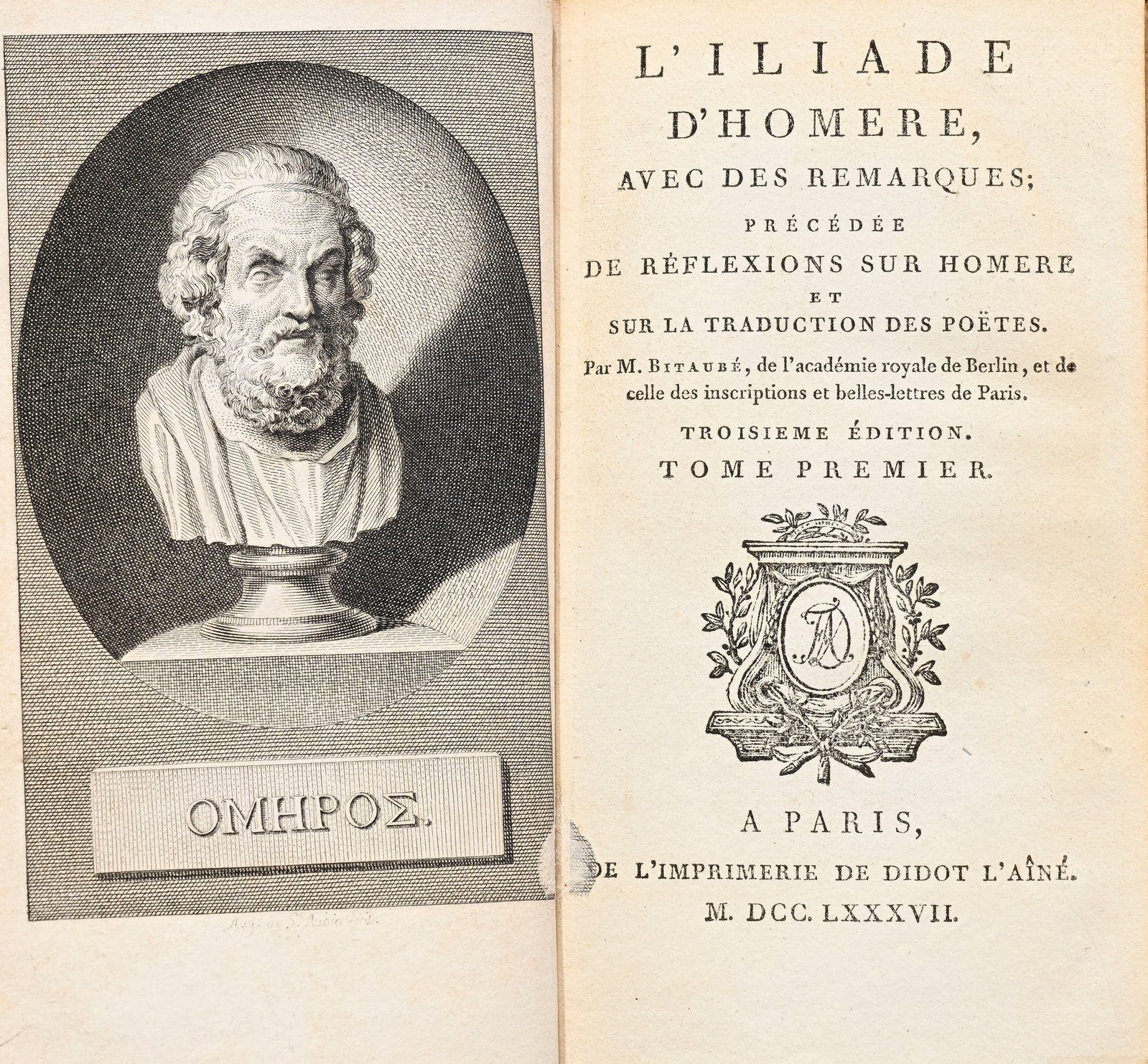 HOMÈRE. L'Iliade \[et\] L'Odyssée. Paris, Didot l’aîné, 1787-1788. 12 vol. - 2