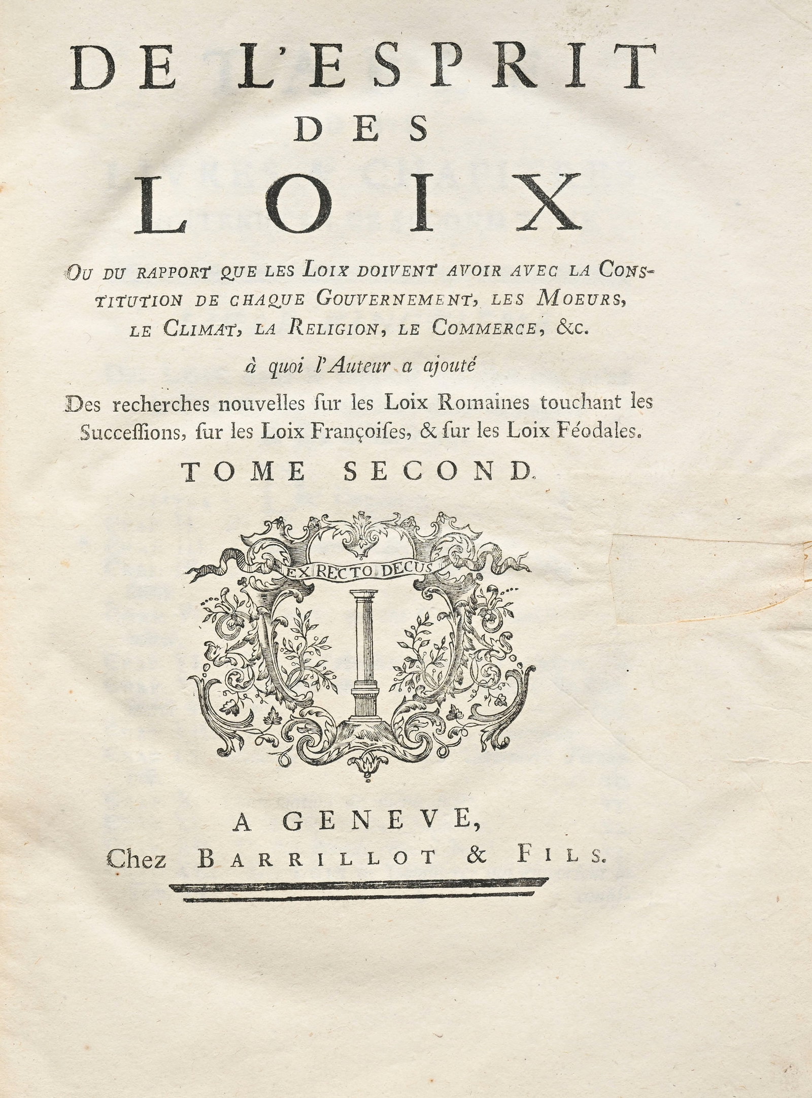 MONTESQUIEU (Charles-Louis de Secondat, baron de La Brède et de). De l’Esprit des loix ou (1 of 3)