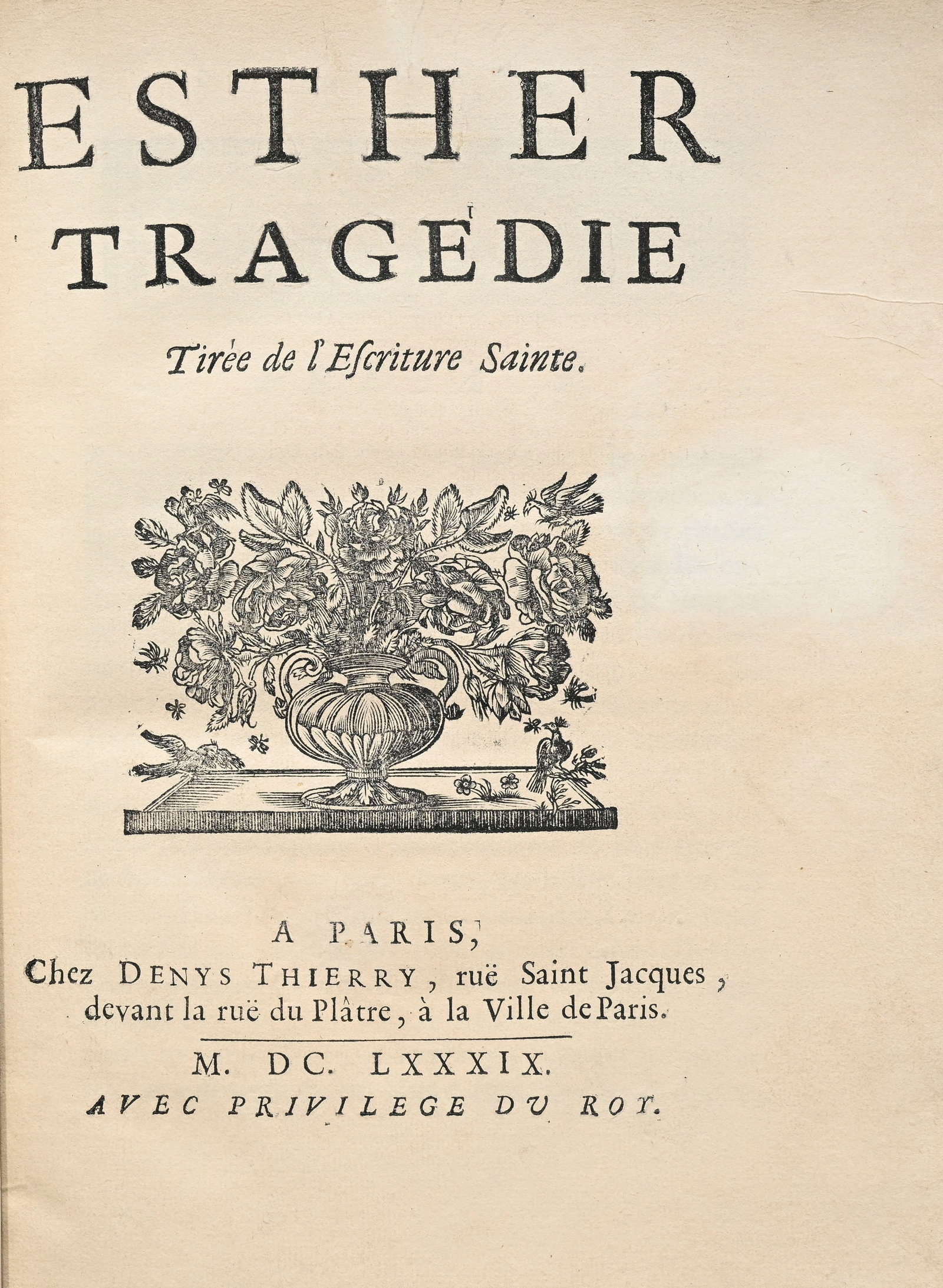 \[RACINE (Jean)\]. Esther, tragédie tirée de l'Escriture sainte. Paris, Denys Thierry, 168: [RACINE (Jean)]. Esther, tragédie tirée de l'Escriture sainte. Paris, Denys Thierry, 1689. Petit in-4° relié plein maroquin bleu nuit janséniste, dos à nerfs, large