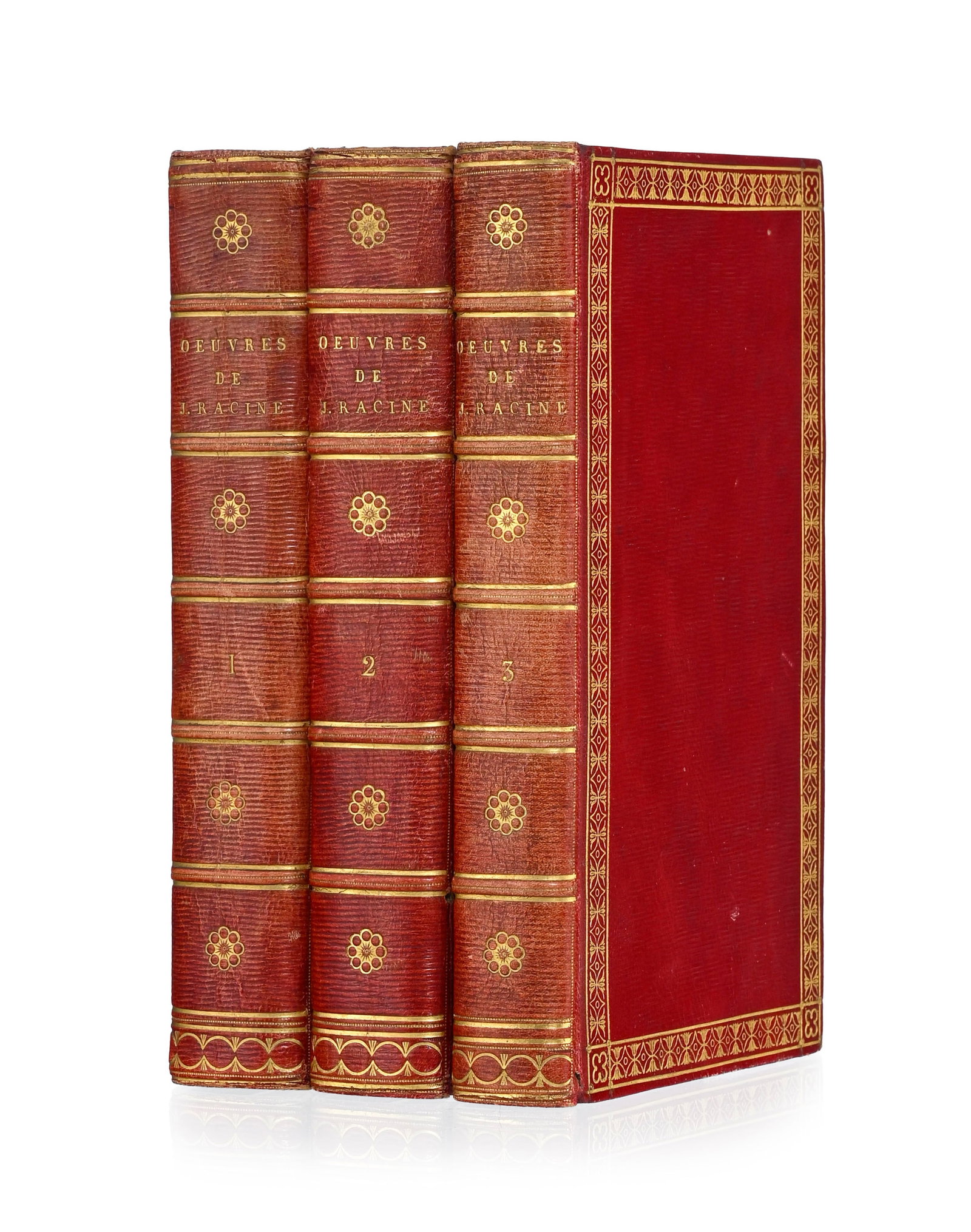 RACINE (Jean). Œuvres. Paris, Didot l'aîné, 1784. 3 vol. in-8° reliés plein: RACINE (Jean). Œuvres. Paris, Didot l'aîné, 1784. 3 vol. in-8° reliés plein maroquin rouge à grains longs, dos lisses ornés et dorés, belle frise dorée en 