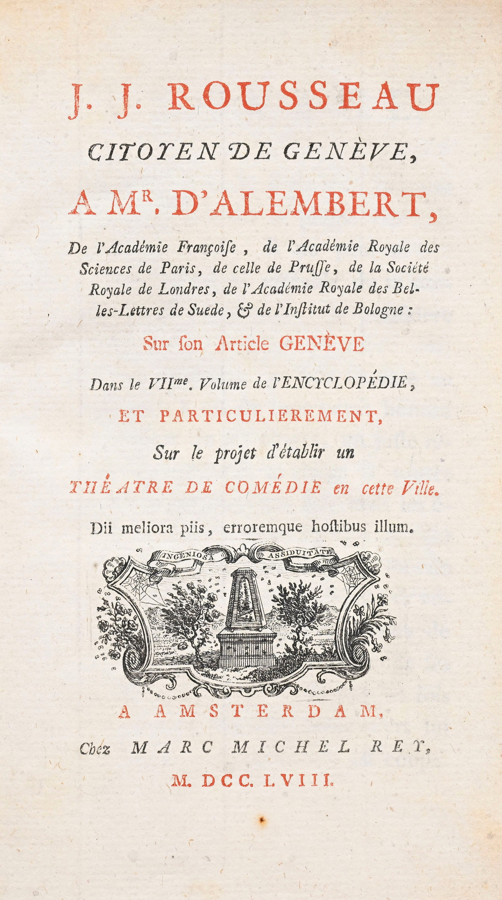 ROUSSEAU (Jean-Jacques). J. J. Rousseau, citoyen de Genève, à Mr D'Alembert, sur son artic: ROUSSEAU (Jean-Jacques). J. J. Rousseau, citoyen de Genève, à Mr D'Alembert, sur son article Genève... Amsterdam, Marc Michel Rey, 1758. In-8° relié plein chagrin marron, dos