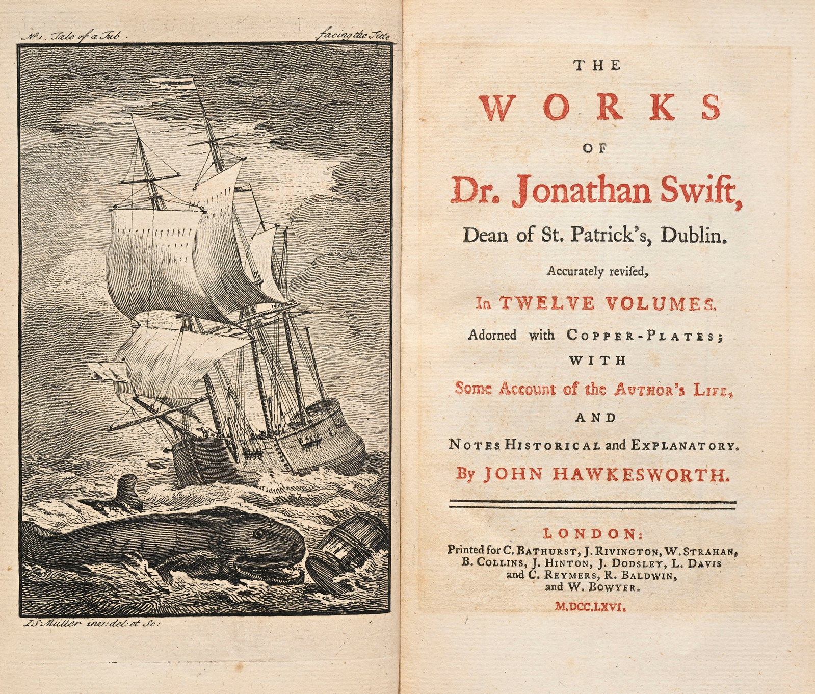 SWIFT (Jonathan). The Works of Dr. Jonathan Swift... London, W. Bowyer, C. Bathurst, W. Owen, \[and : SWIFT (Jonathan). The Works of Dr. Jonathan Swift... London, W. Bowyer, C. Bathurst, W. Owen, [and alii.], 1766-1767. 24 vol. in-8° reliés plein veau blond, dos à nerfs ornés et