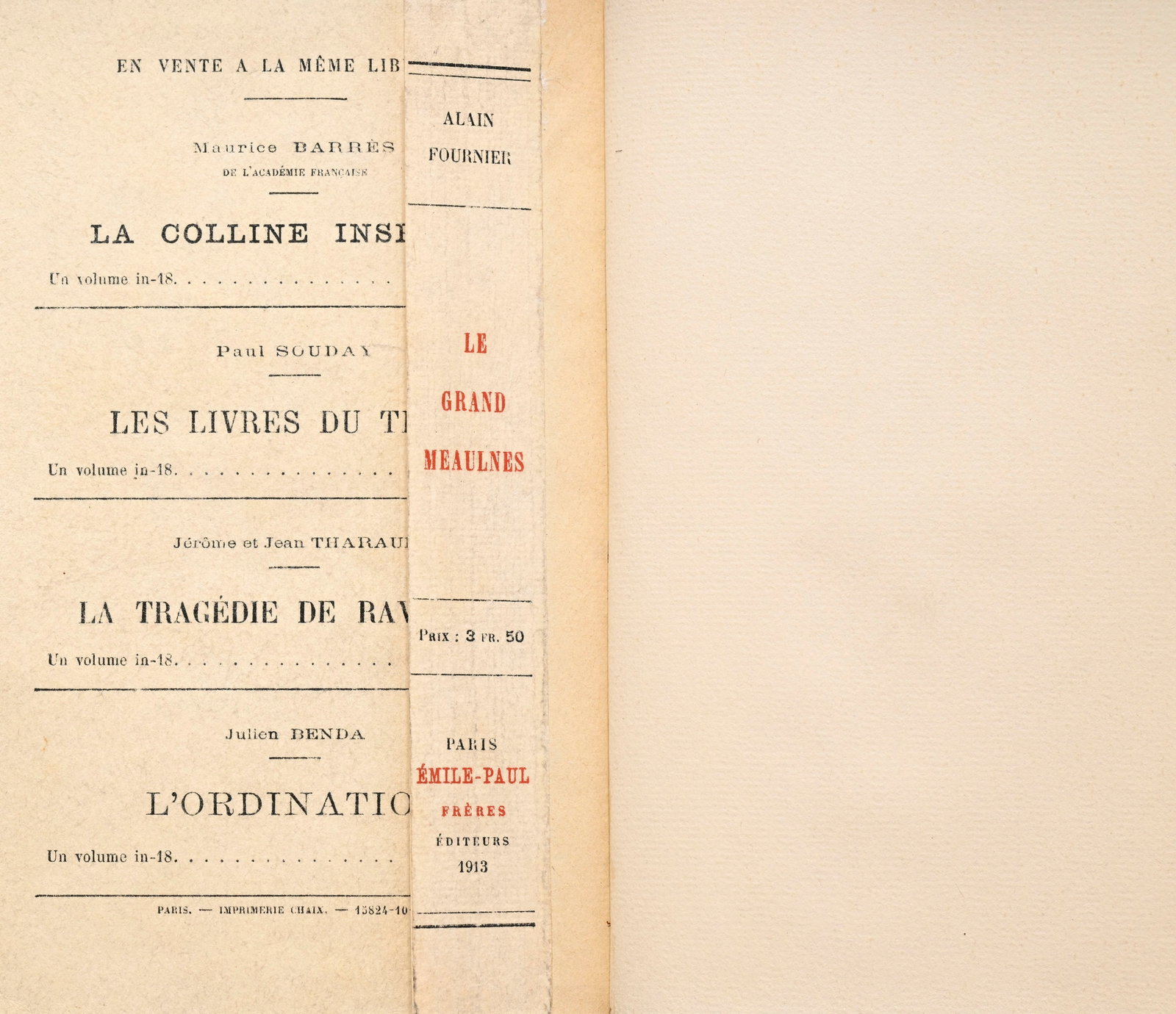 ALAIN-FOURNIER. Le Grand Meaulnes. Paris, Émile-Paul frères, 1913. In-12 relié demi-m - 6