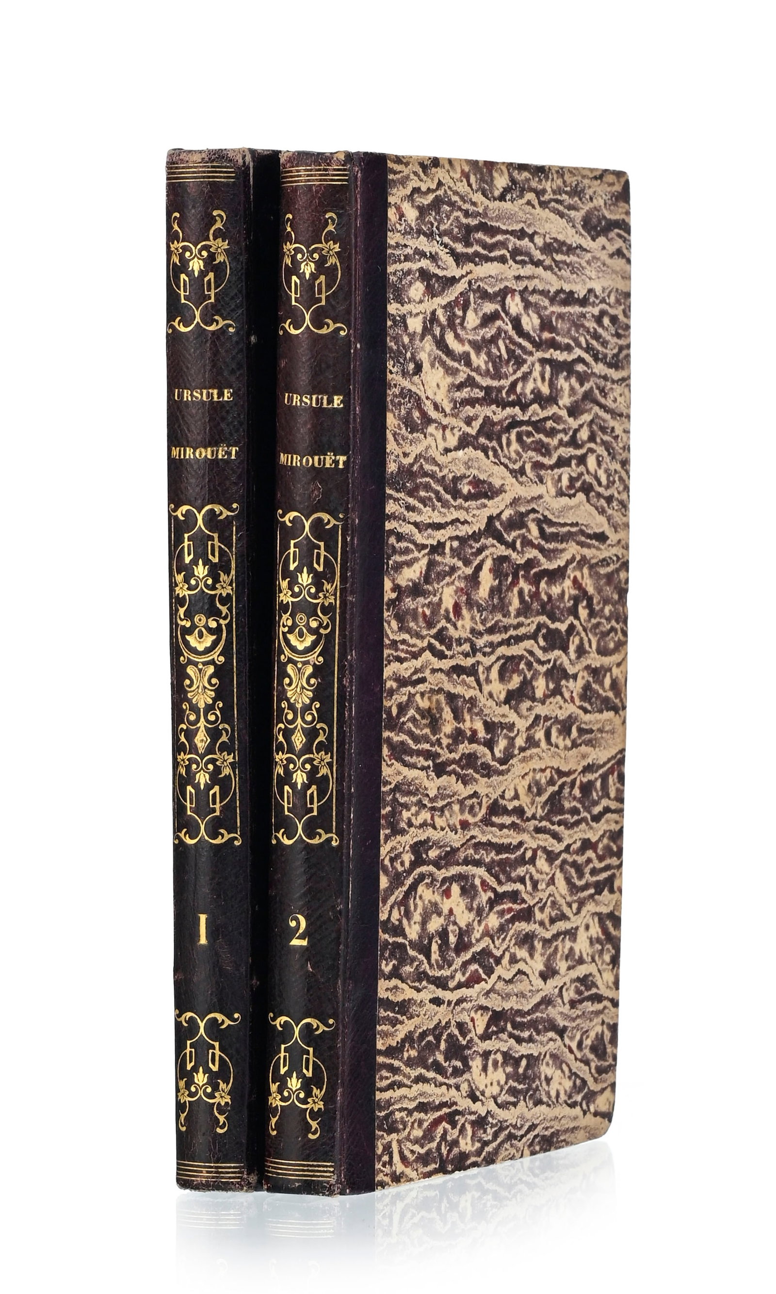 BALZAC (Honoré de). Ursule Mirouët. Paris, Hippolyte Souverain, 1842. 2 vol. in-8° re: BALZAC (Honoré de). Ursule Mirouët. Paris, Hippolyte Souverain, 1842. 2 vol. in-8° reliés demi-cuir de Russie violet, dos lisse orné et doré (Reliure de l'époque).