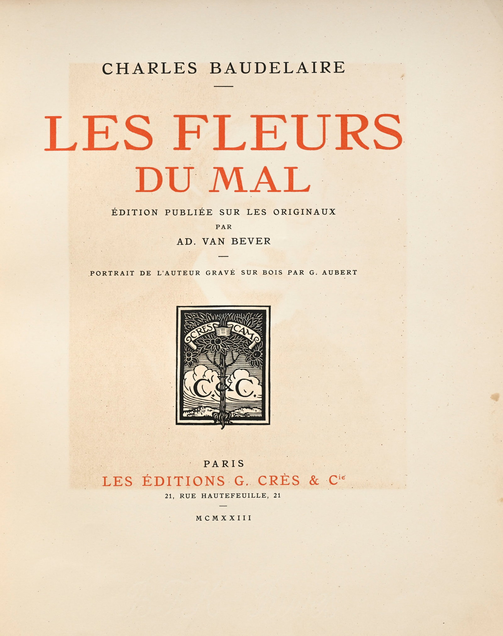 BAUDELAIRE (Charles). Les Fleurs du mal. Paris, Les éditions G. Crès & Cie, 1923\. In-4 - 2