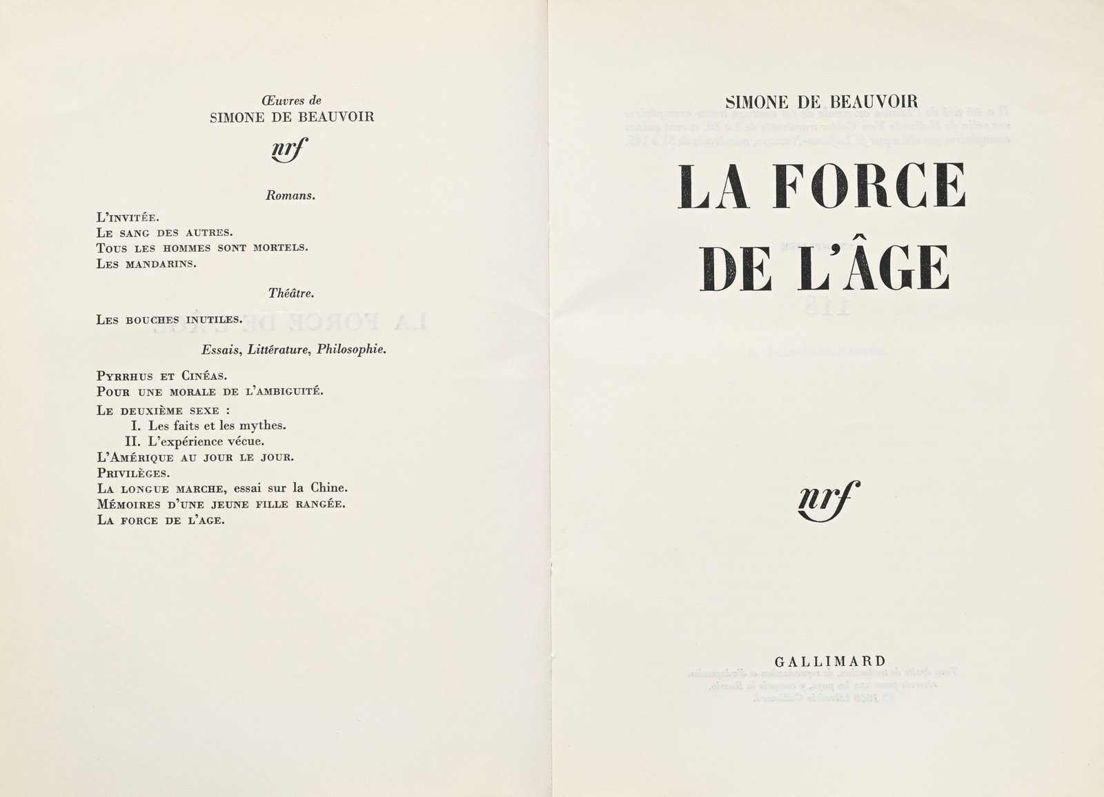 BEAUVOIR (Simone de). 2 ouvrages en édition originale sur grand papier, numérotés:  - 3