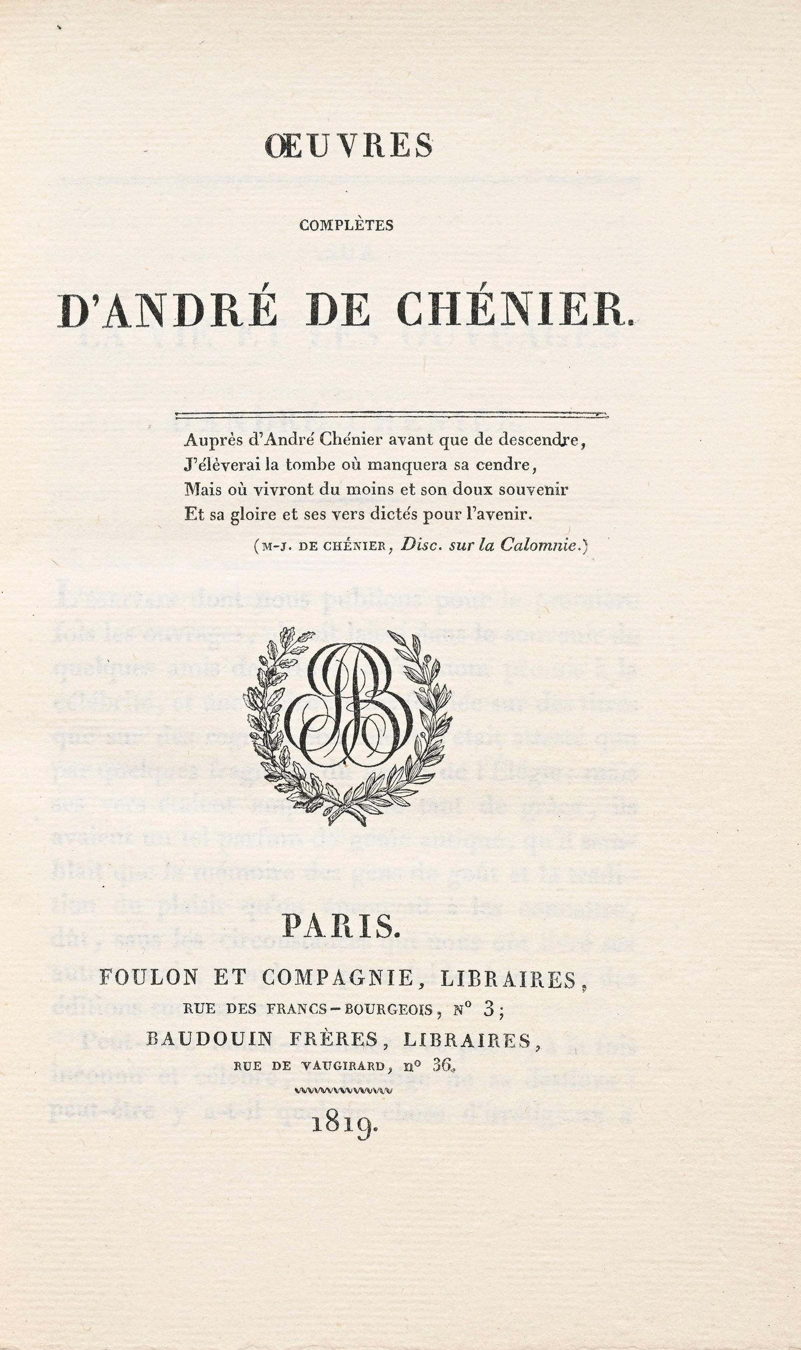 CHÉNIER (André de). Œuvres complètes. Paris, Baudouin Frères et Foulon et C - 3