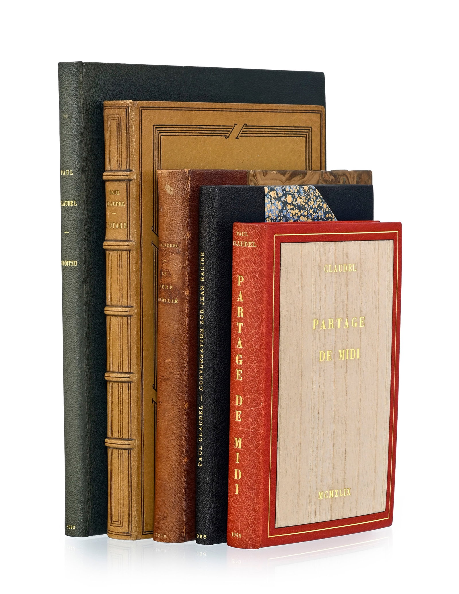 CLAUDEL (Paul). 5 ouvrages numérotés en tirage limité, certains dans d'élég: CLAUDEL (Paul). 5 ouvrages numérotés en tirage limité, certains dans d'élégantes reliures signées: 1) Dodoitzu. Poèmes de Paul Claudel. Peintures de Rihakou Harada.