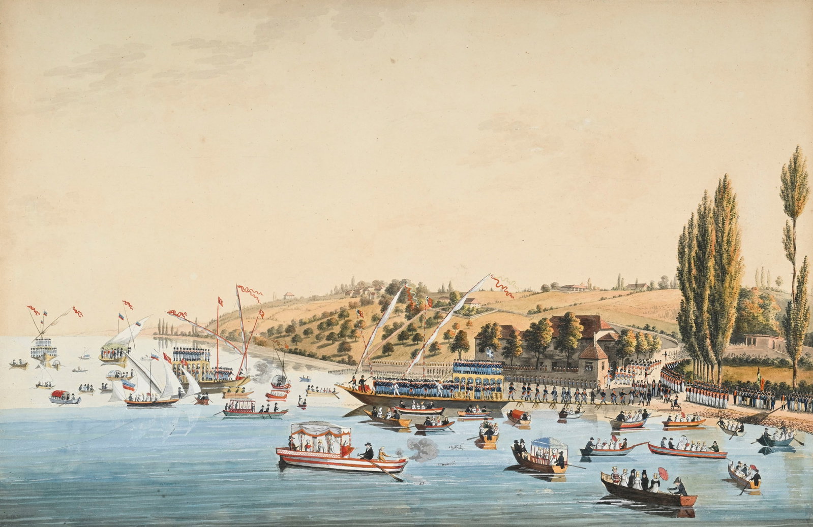 Jean Dubois (1789-1849), "Cologny, arrivée des Suisses dans le canton de Genève le 1er jui: Jean Dubois (1789-1849), "Cologny, arrivée des Suisses dans le canton de Genève le 1er juin 1814", eau-forte, aquarelle et gouache, sur papier, 34,5x52,5 cm (à vue) Condition Marques