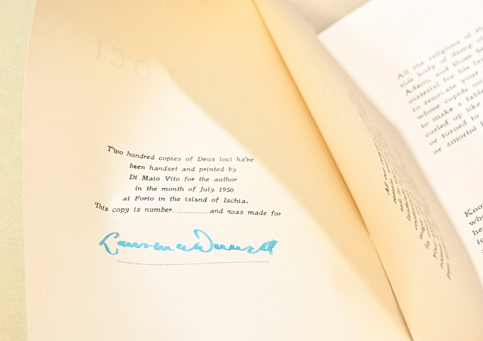DURRELL (Lawrence). Deus Loci. Ischia, Privately Printed, 1950\. In-12 broché, couverture impri - 2