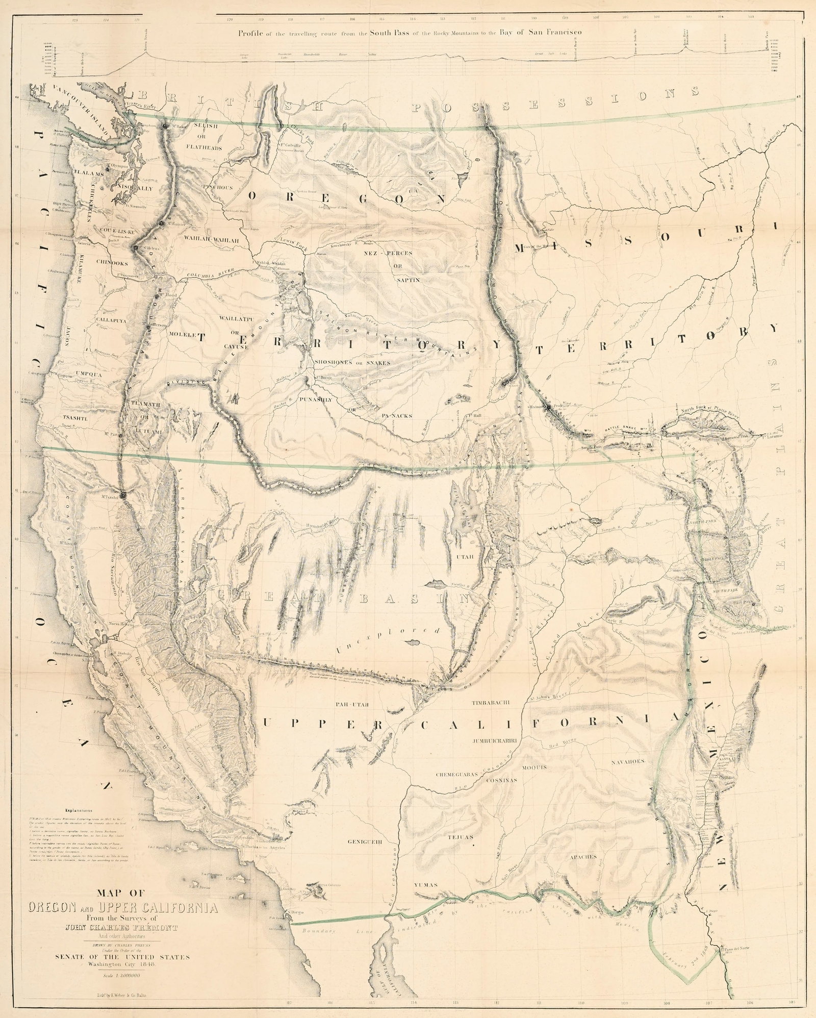 \[ETATS-UNIS\]. Oregon and Upper California from the Surveys of John Charles Frémont And other : [ETATS-UNIS]. Oregon and Upper California from the Surveys of John Charles Frémont And other Authorities... 83,3x26,8 cm. Carte géographique lithographiée et coloriée à la