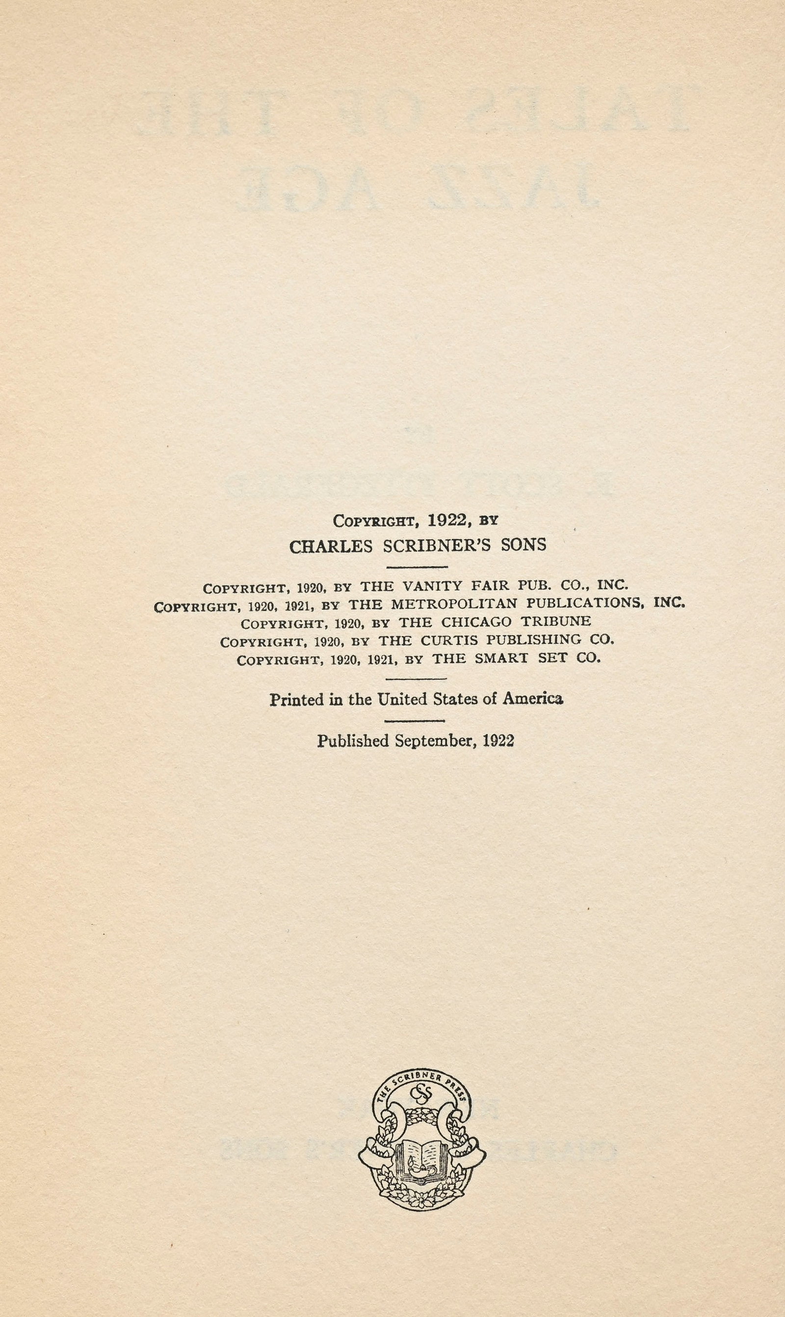 FITZGERALD (F. Scott). Tales of the Jazz Age. New York, Charles Scribner’s Sons, 1922. In-8 - 3