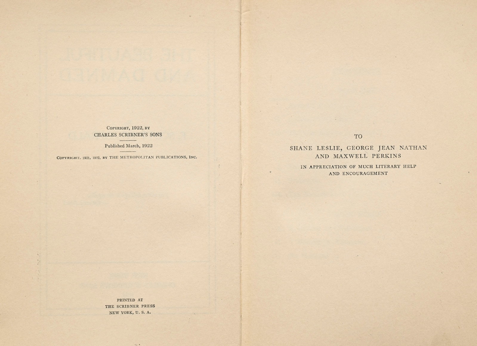 FITZGERALD (Francis Scott). The Beautiful and the Damned. New York, Charles Scribner's Sons, 1922\.  - 2