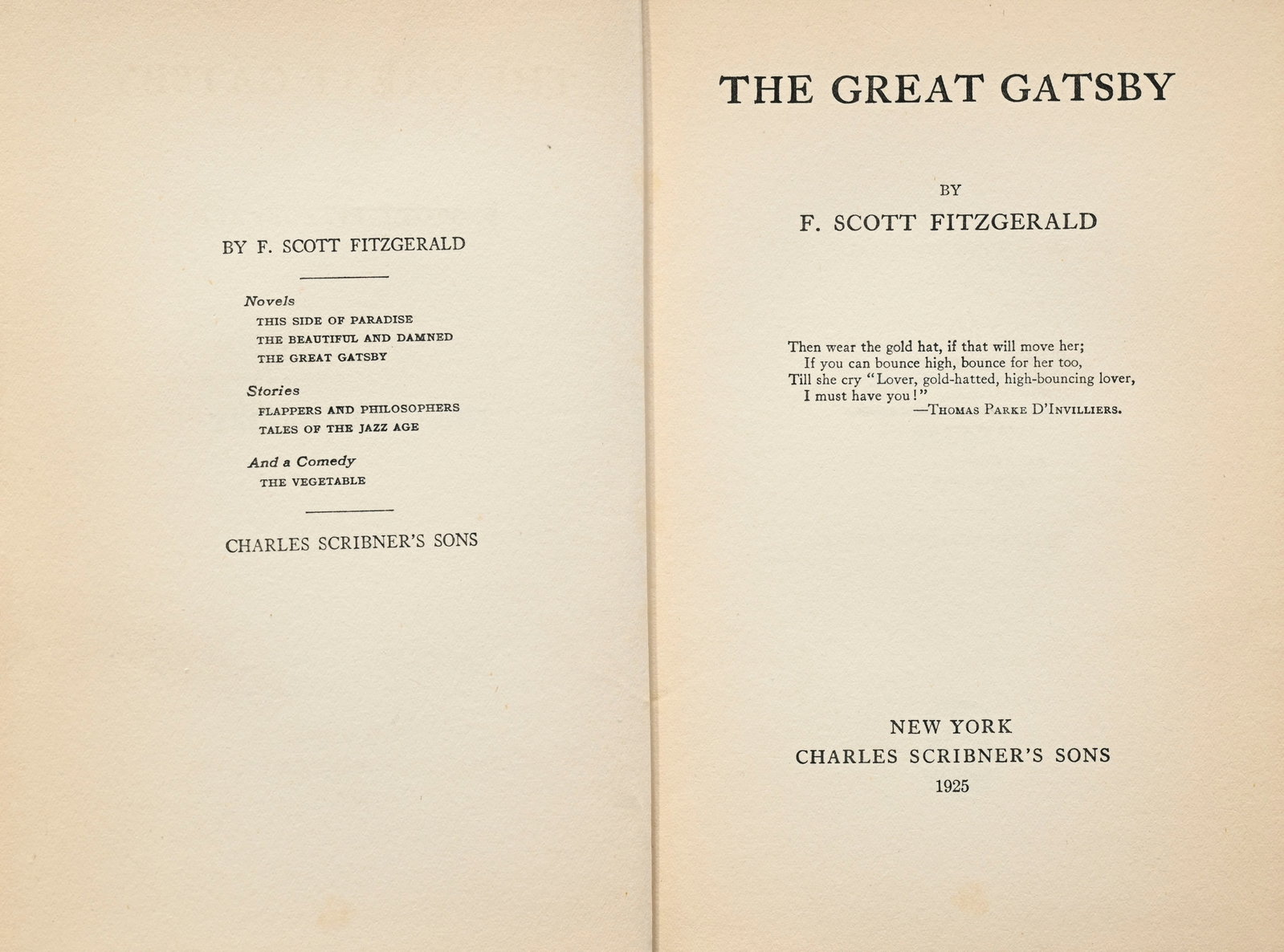 FITZGERALD (F. Scott). The Great Gatsby. New York, Charles Scribner’s Sons, 1925. In-8° r - 3