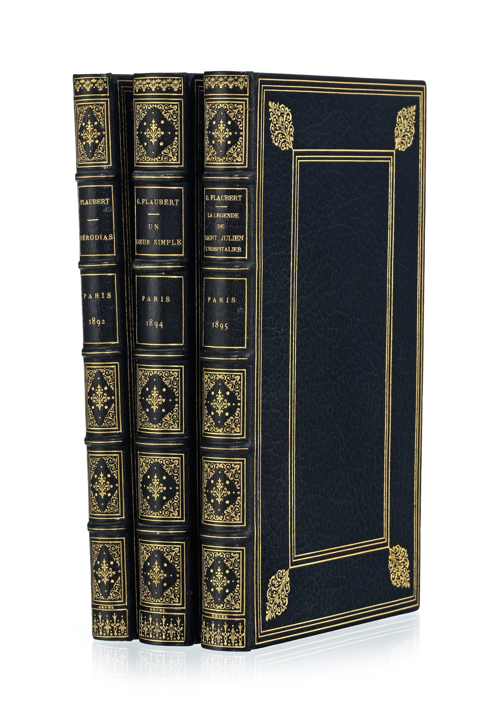 FLAUBERT (Gustave). Ensemble de 3 ouvrages en tirages limités et numérotés dans des r: FLAUBERT (Gustave). Ensemble de 3 ouvrages en tirages limités et numérotés dans des reliures identiques signées. 3 vol. in-8° reliés plein maroquin bleu nuit, dos à