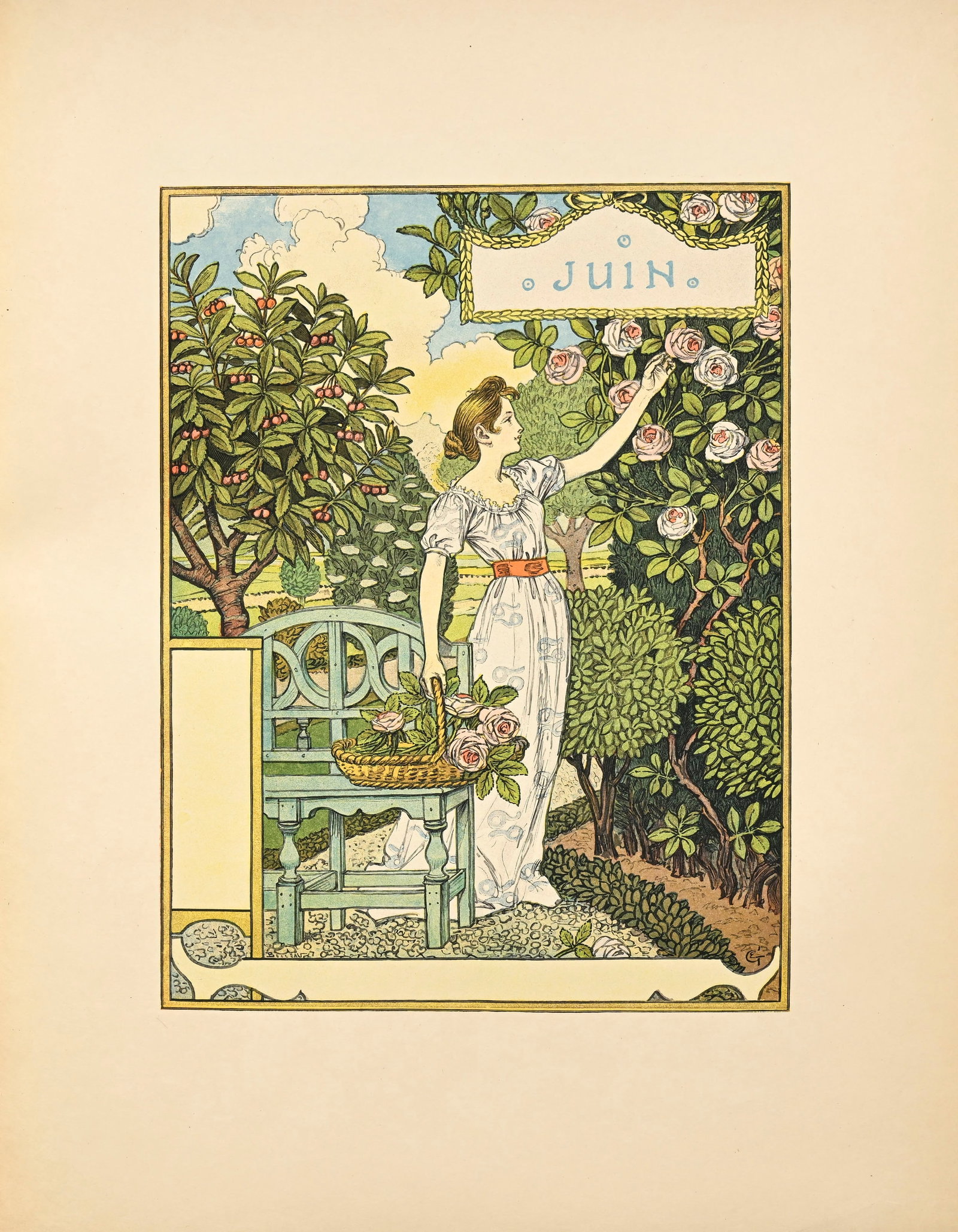 GRASSET (Eugène). Les mois. Paris, Malherbe, \[ca. 1895\]. In-folio relié demi-maroquin ve: GRASSET (Eugène). Les mois. Paris, Malherbe, [ca. 1895]. In-folio relié demi-maroquin vert, dos à nerfs, couv. sup. de l'époque conservée. Suite de 12 gravures sur bois