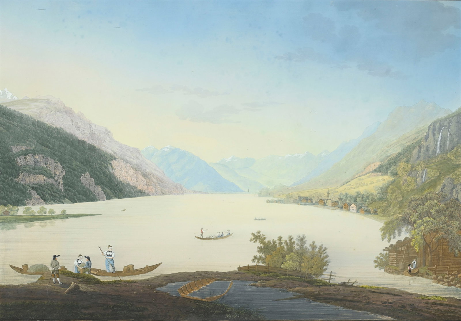 \[HELVETICA\]. École suisse du XIXe s., "Brienzer see", aquatinte rehaussée à la goua: [HELVETICA]. École suisse du XIXe s., "Brienzer see", aquatinte rehaussée à la gouache, titrée et signée "Harnisch" à l'encre, 33x47 cm