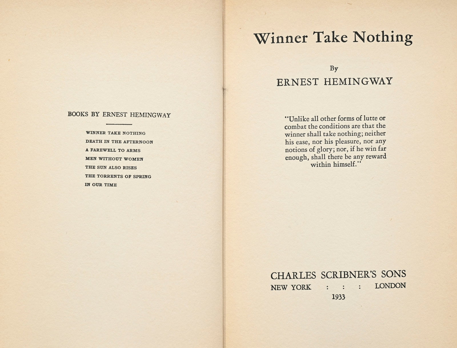 HEMINGWAY (Ernest). Winner Take Nothing. New York, Charles Scribner’s Sons, 1933. In-8° r - 3
