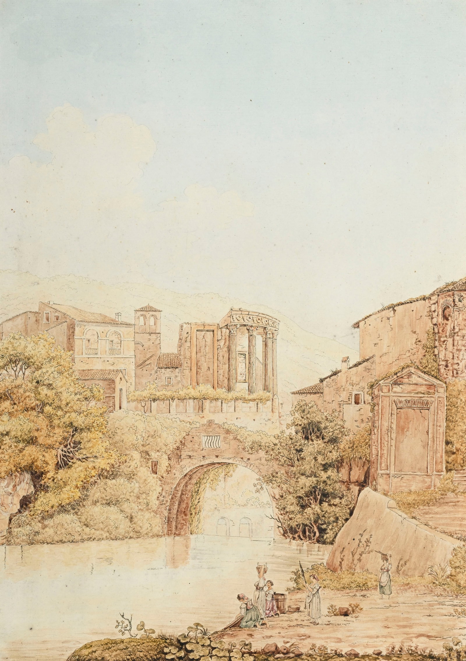 François Keisermann (1765-1833), "Tivoli : pont antique avec temple de la Sybylle de Tibur", gr: François Keisermann (1765-1833), "Tivoli : pont antique avec temple de la Sybylle de Tibur", gravure rehaussée à l'aquarelle, 42,5x30,5 cm Au verso: étiquette de la Galerie de