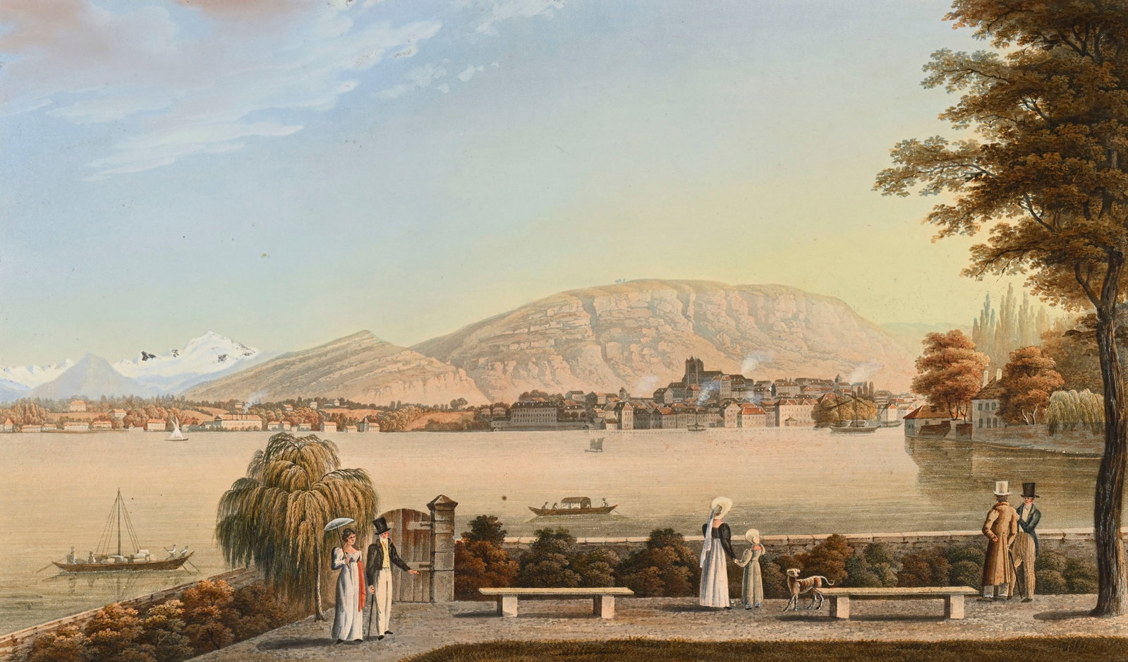 Johann Peter Lamy (1790-1840) , "Vue panoramique de Genève, prise depuis le Cercle de la cloche: Johann Peter Lamy (1790-1840) , "Vue panoramique de Genève, prise depuis le Cercle de la cloche aux Pâquis", aquatinte, 23,5x40 cm