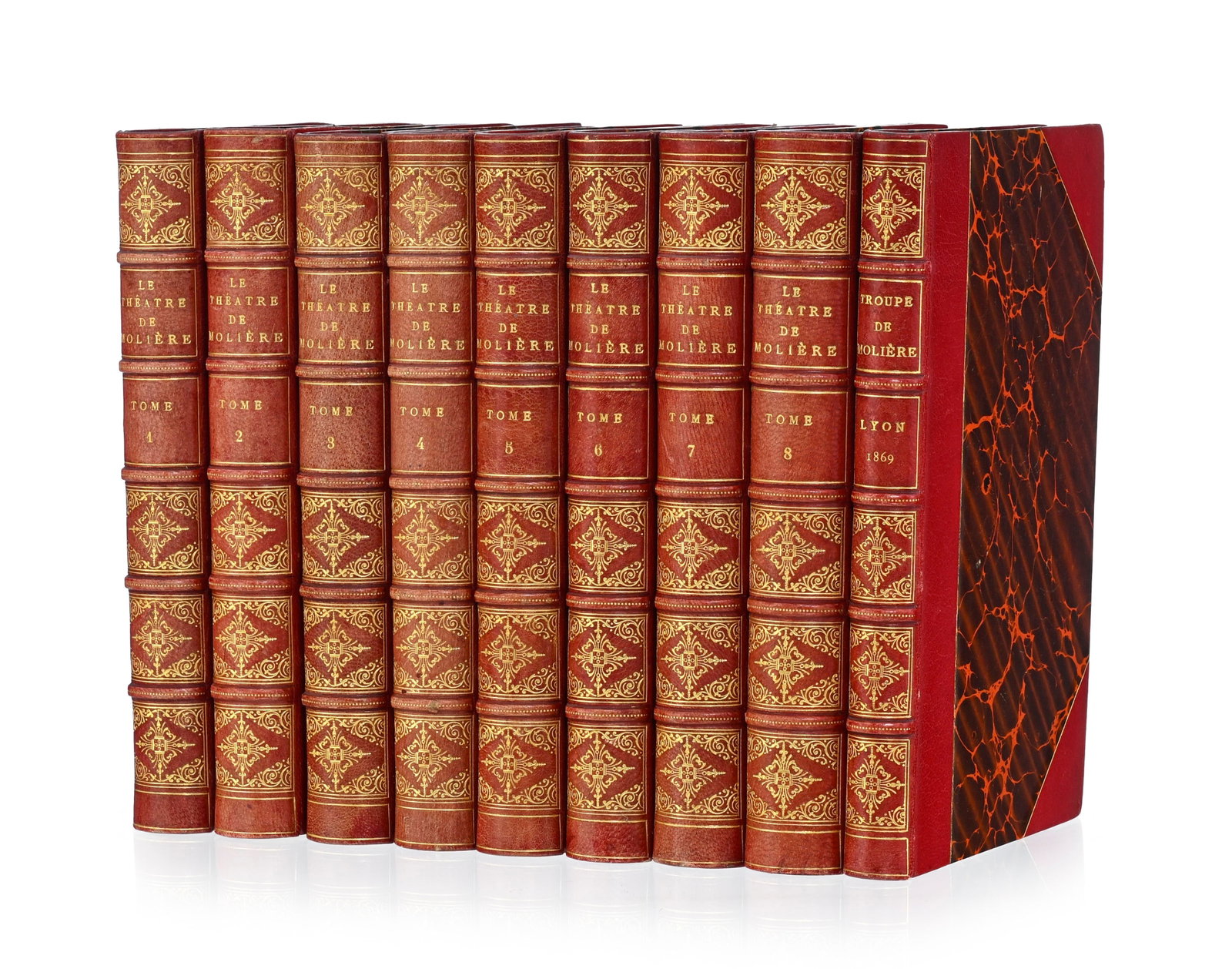 MOLIÈRE. Le Théâtre de Jean-Baptiste de Molière... Lyon. Nicolas Scheuring, 1864: MOLIÈRE. Le Théâtre de Jean-Baptiste de Molière... Lyon. Nicolas Scheuring, 1864-70. 8 vol. in-8° reliés demi-maroquin rouge à coins, dos à nerfs ornés et