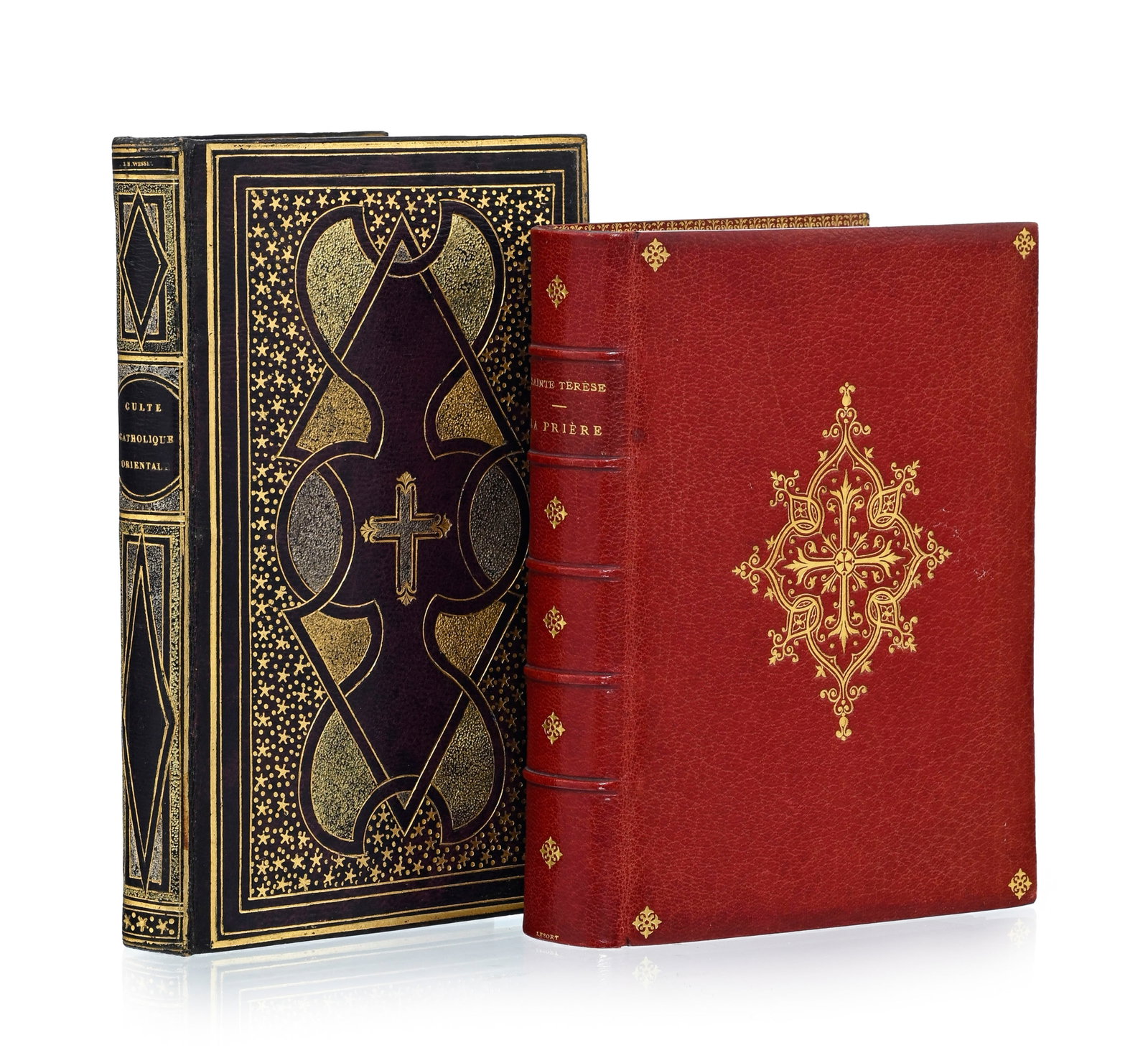 \[RELIURE\]. 2 ouvrages liturgiques en 2 vol. in-12 dans des reliures soignées du XIXe s. 1) : [RELIURE]. 2 ouvrages liturgiques en 2 vol. in-12 dans des reliures soignées du XIXe s. 1) Sainte Térèse. La prière. Paris, Victor Palme, 1873. Belle reliure plein maroquin rouge,