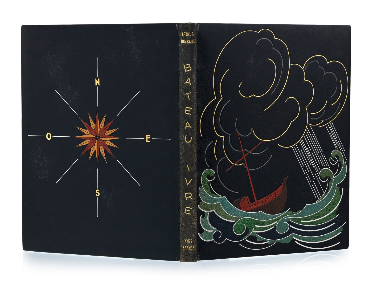 RIMBAUD (Arthur ). Bateau ivre. Paris, s.n. \[Gonin\], 1939\. In-folio relié plein maroquin noi: RIMBAUD (Arthur ). Bateau ivre. Paris, s.n. [Gonin], 1939. In-folio relié plein maroquin noir orné sur le premier plat d'un décor mosaïqué de maroquin vert, bleu, rouge et bru
