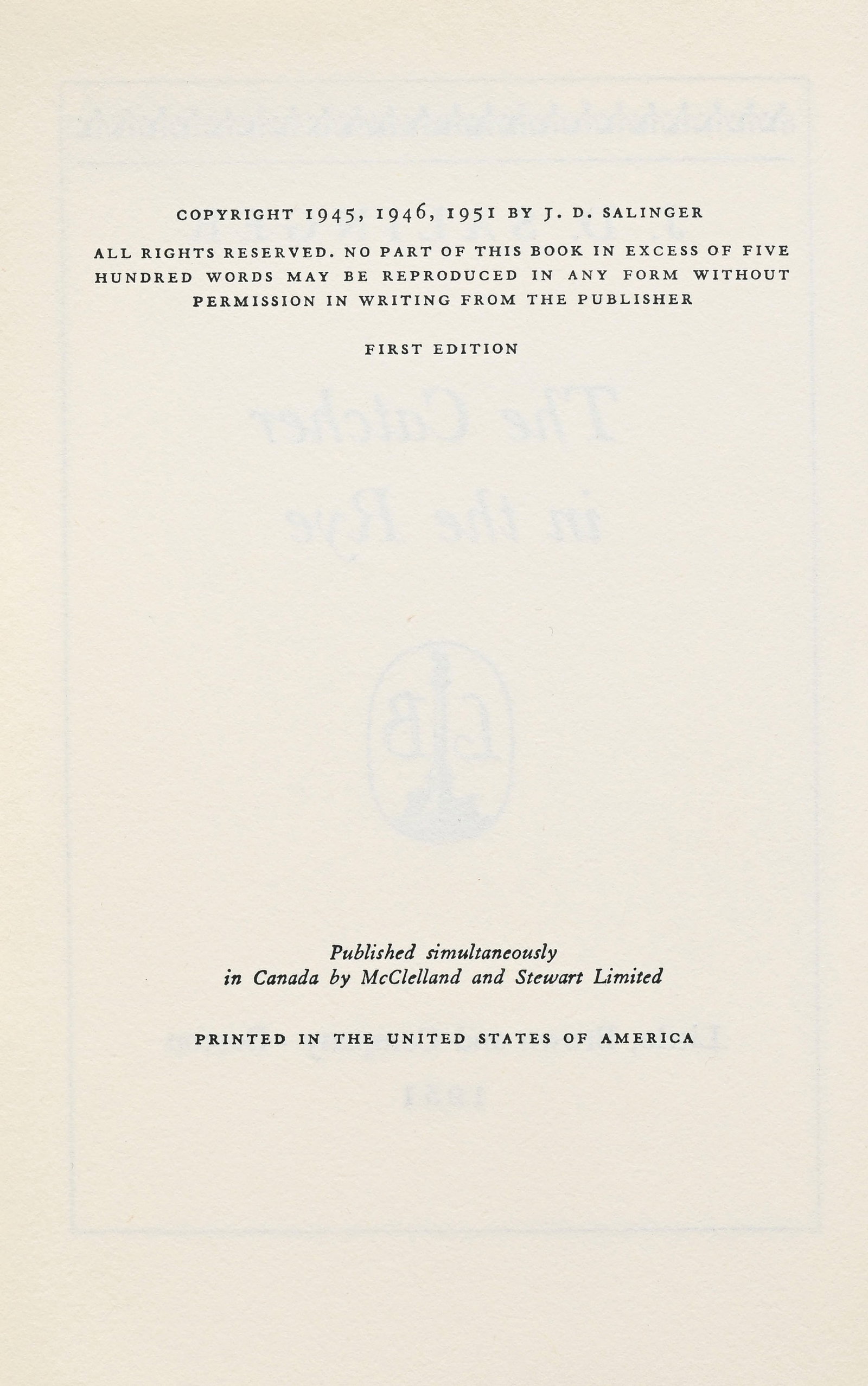 SALINGER (J.D.). The Catcher in the Rye. Boston, Little, Brown and Company, 1951. In-8° reli - 6