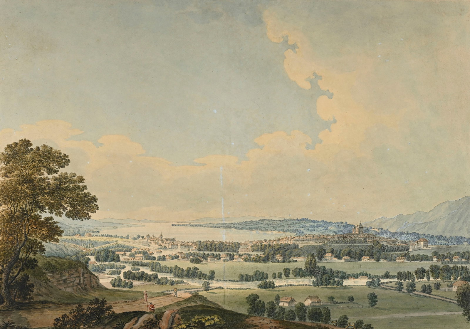 Giovanni Salucci (1769-1845), Vue de la Ville de Genève et de ses environs, 1816, gravure rehau: Giovanni Salucci (1769-1845), Vue de la Ville de Genève et de ses environs, 1816, gravure rehaussée, 40,5x53 cm