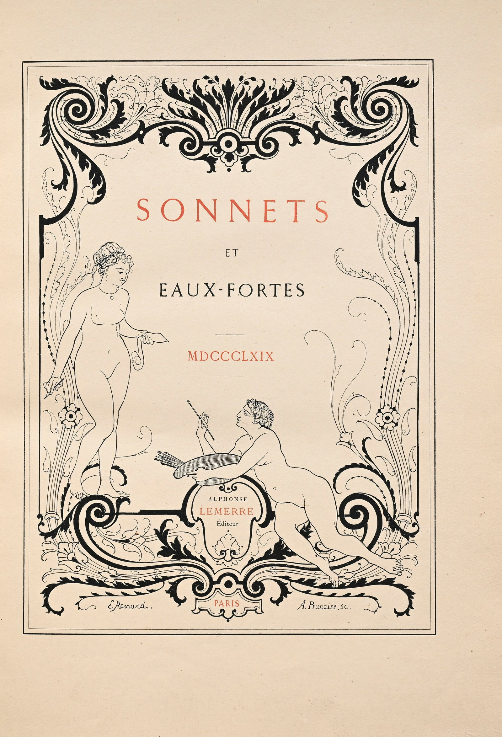 Sonnets et Eaux-fortes. Alphonse Lemerre, Paris, 1869. Grand in-4° relié plein maroquin ro: Sonnets et Eaux-fortes. Alphonse Lemerre, Paris, 1869. Grand in-4° relié plein maroquin rouge, dos à nerfs orné et doré, triple filet doré en encadrement des plats,