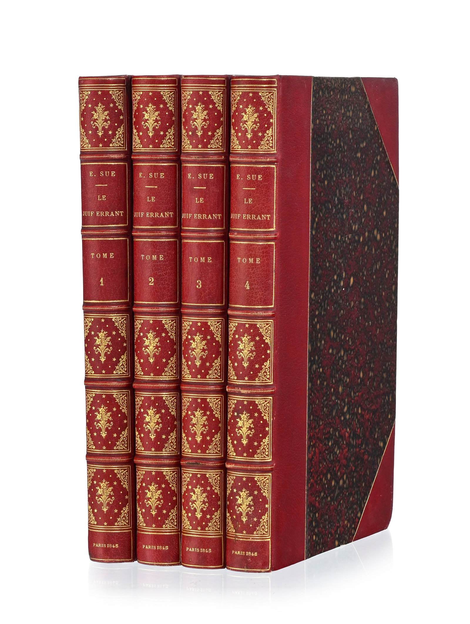 SÜE (Eugène). Le Juif Errant. Paris, Paulin, 1845. 4 vol. in-8° reliés demi-maro: SÜE (Eugène). Le Juif Errant. Paris, Paulin, 1845. 4 vol. in-8° reliés demi-maroquin rouge à coins, dos à nerfs ornés et dorés, filet doré aux plats, tr.