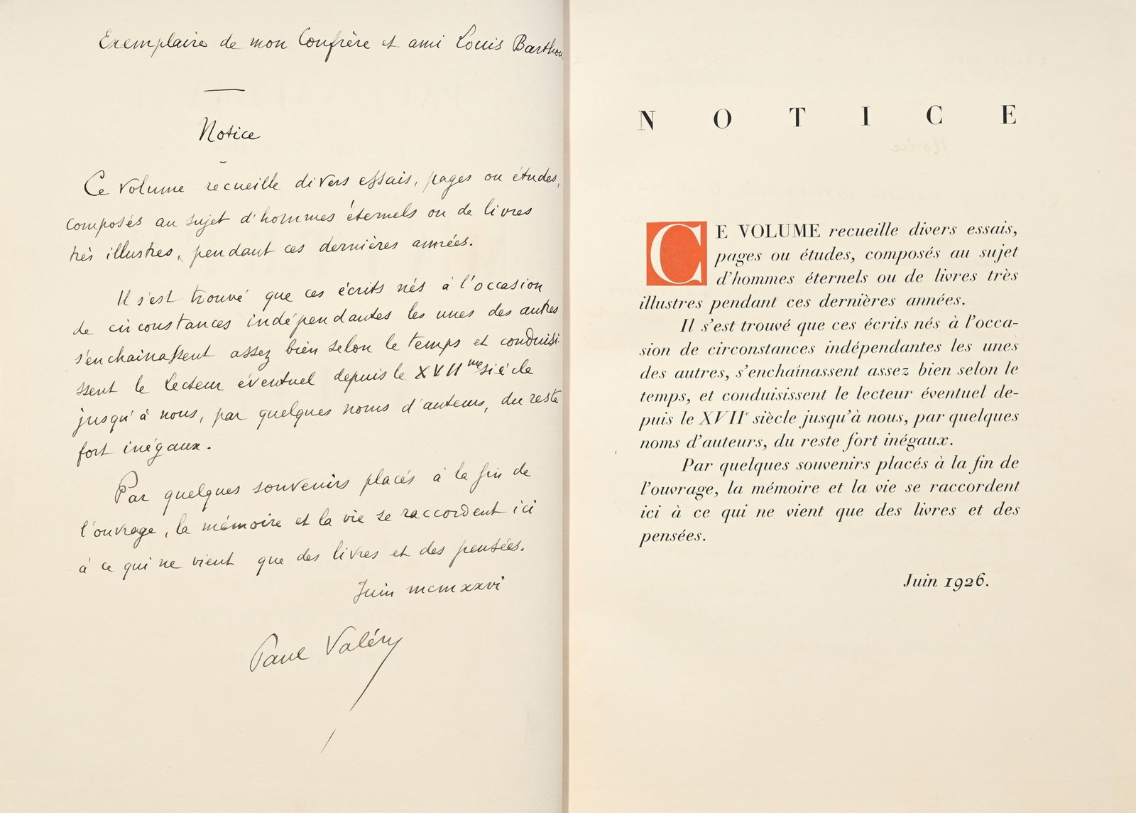 VALÉRY (Paul). Maîtres et amis. Paris, s. n., 1927. 2 vol. grands in-4° reliés p - 8