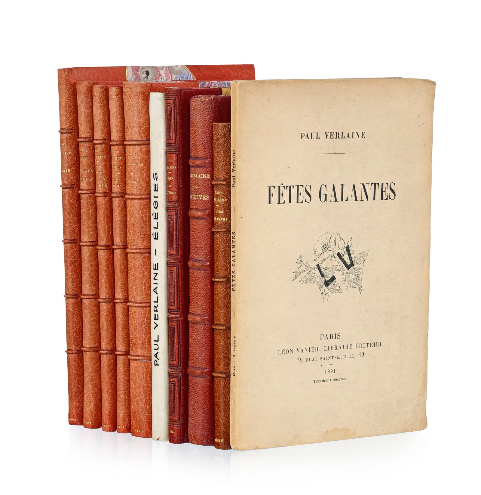 VERLAINE (Paul). Ensemble de 10 vol. in-12 à in-8°, la plupart en édition originale. : VERLAINE (Paul). Ensemble de 10 vol. in-12 à in-8°, la plupart en édition originale. 1) Amour. Paris, Léon Vanier, 1888. In-8° relié plein maroquin rouge, dos à