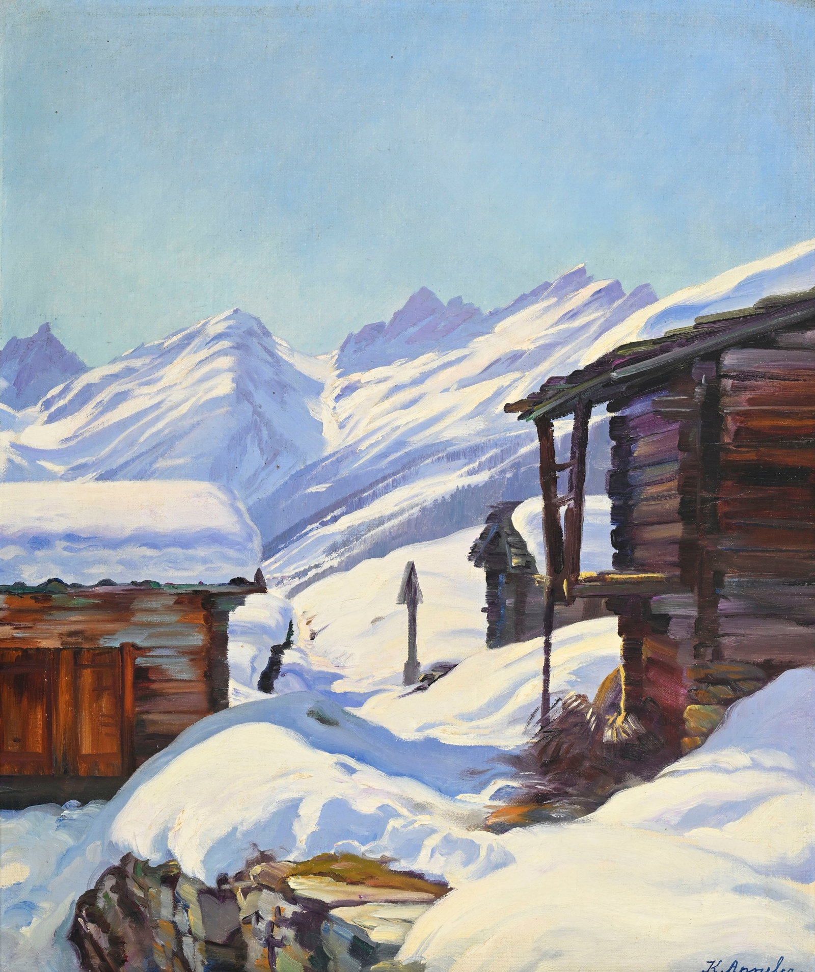 Karl Anneler (1886-1957), Raccards sous la neige, huile sur toile, signée, 56x46 cm: Karl Anneler (1886-1957), Raccards sous la neige, huile sur toile, signée, 56x46 cm