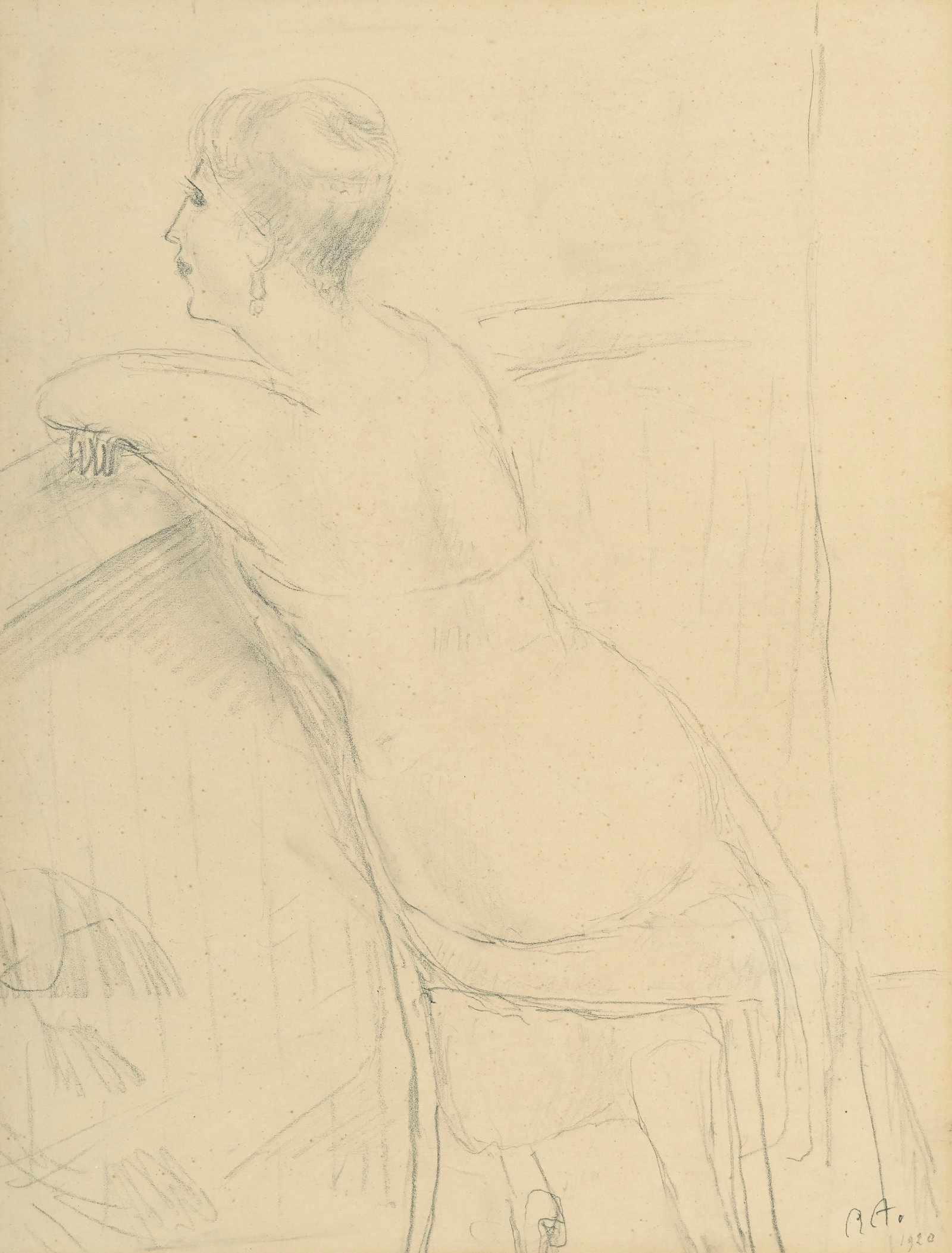 René Victor Auberjonois (1872-1957), Portrait d'une femme accoudée au balcon, 1920, crayon: René Victor Auberjonois (1872-1957), Portrait d'une femme accoudée au balcon, 1920, crayon sur papier, monogrammé et daté, dédicacé au verso "À Madame Annie Dutoit, 