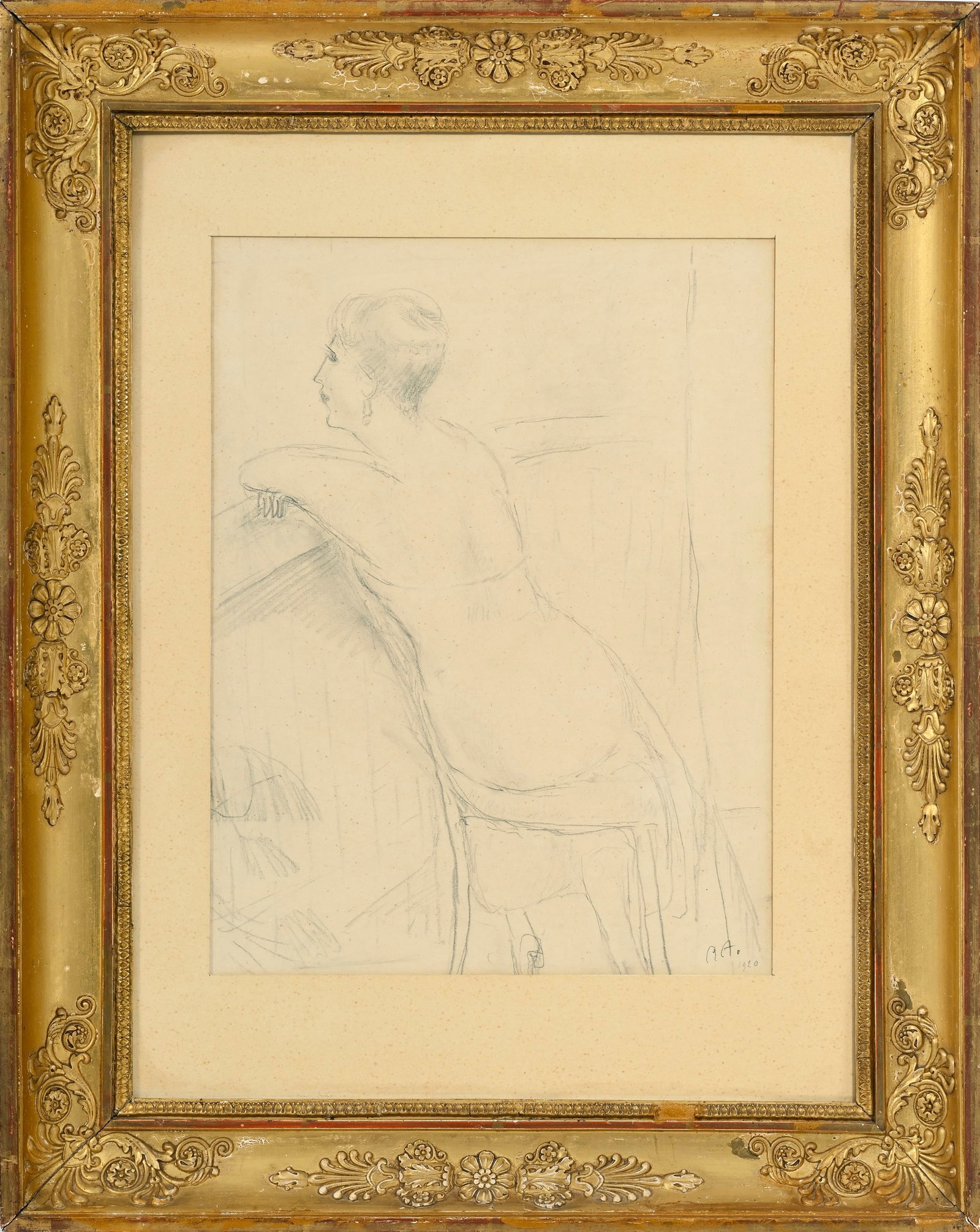 René Victor Auberjonois (1872-1957), Portrait d'une femme accoudée au balcon, 1920, crayon - 2