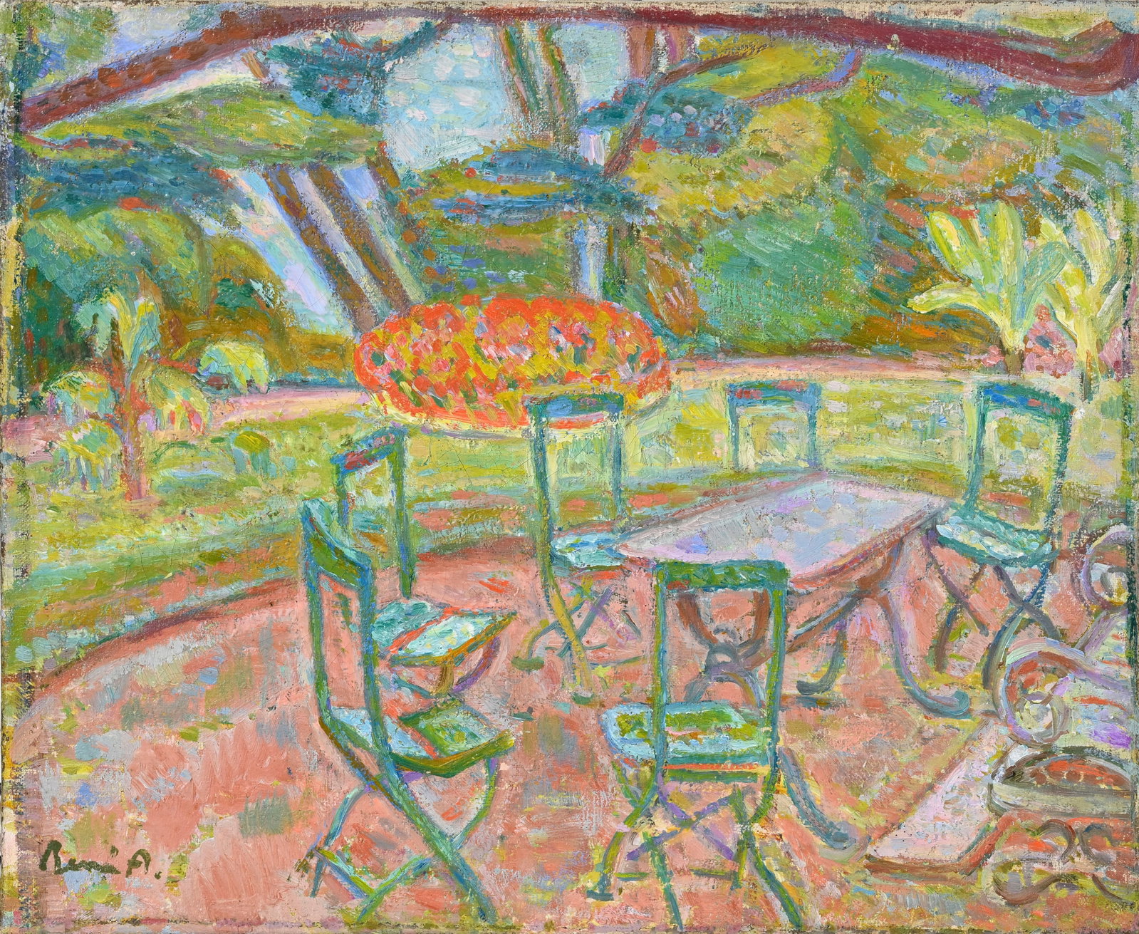 René Victor Auberjonois (1872-1957), Terrasse fleurie, huile sur toile, signée, 28x34 cm : René Victor Auberjonois (1872-1957), Terrasse fleurie, huile sur toile, signée, 28x34 cm Provenance: Acquis directement auprès de l'artiste, puis resté dans la famille jusqu'à